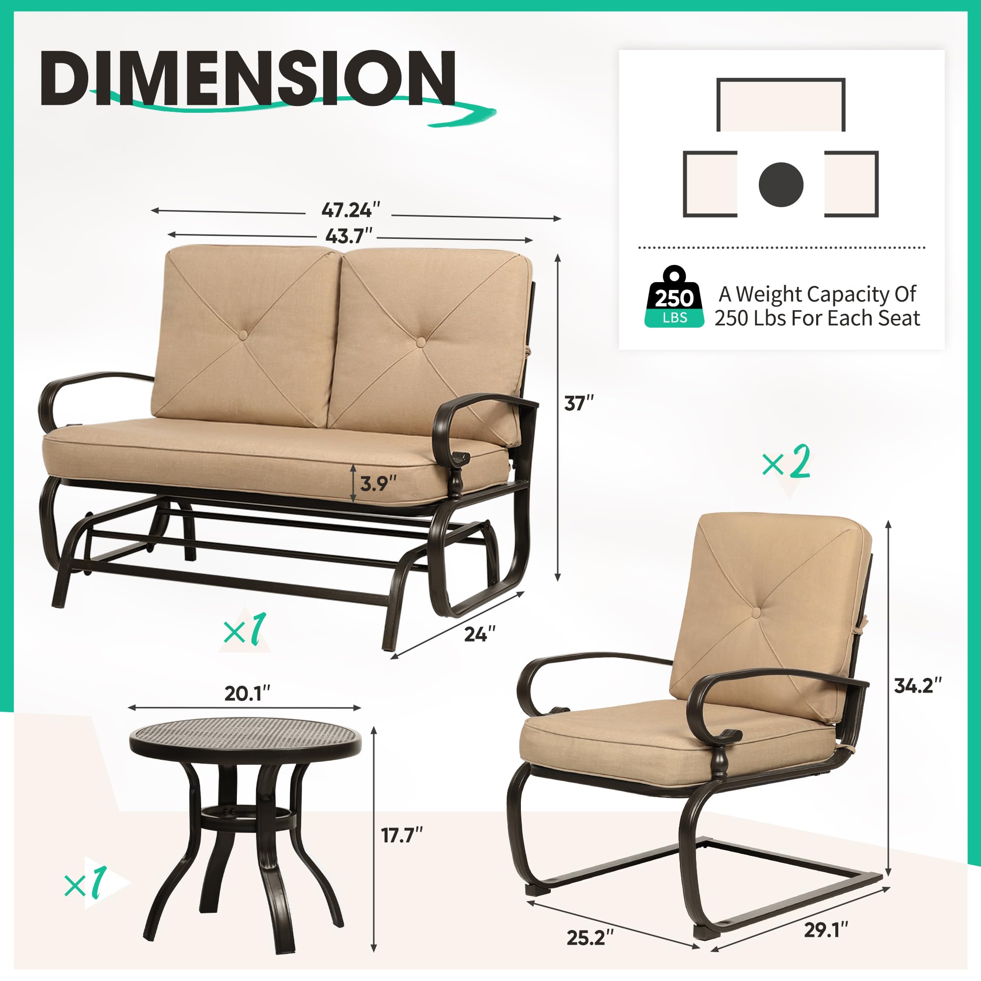 4Pcs Outdoor Metal Patio Furniture Set - Wrought Iron Glider, Bistro Table & 2 Spring Lounge Chairs (Brown) - Perfect for Garden, Backyard & Porch Relaxation