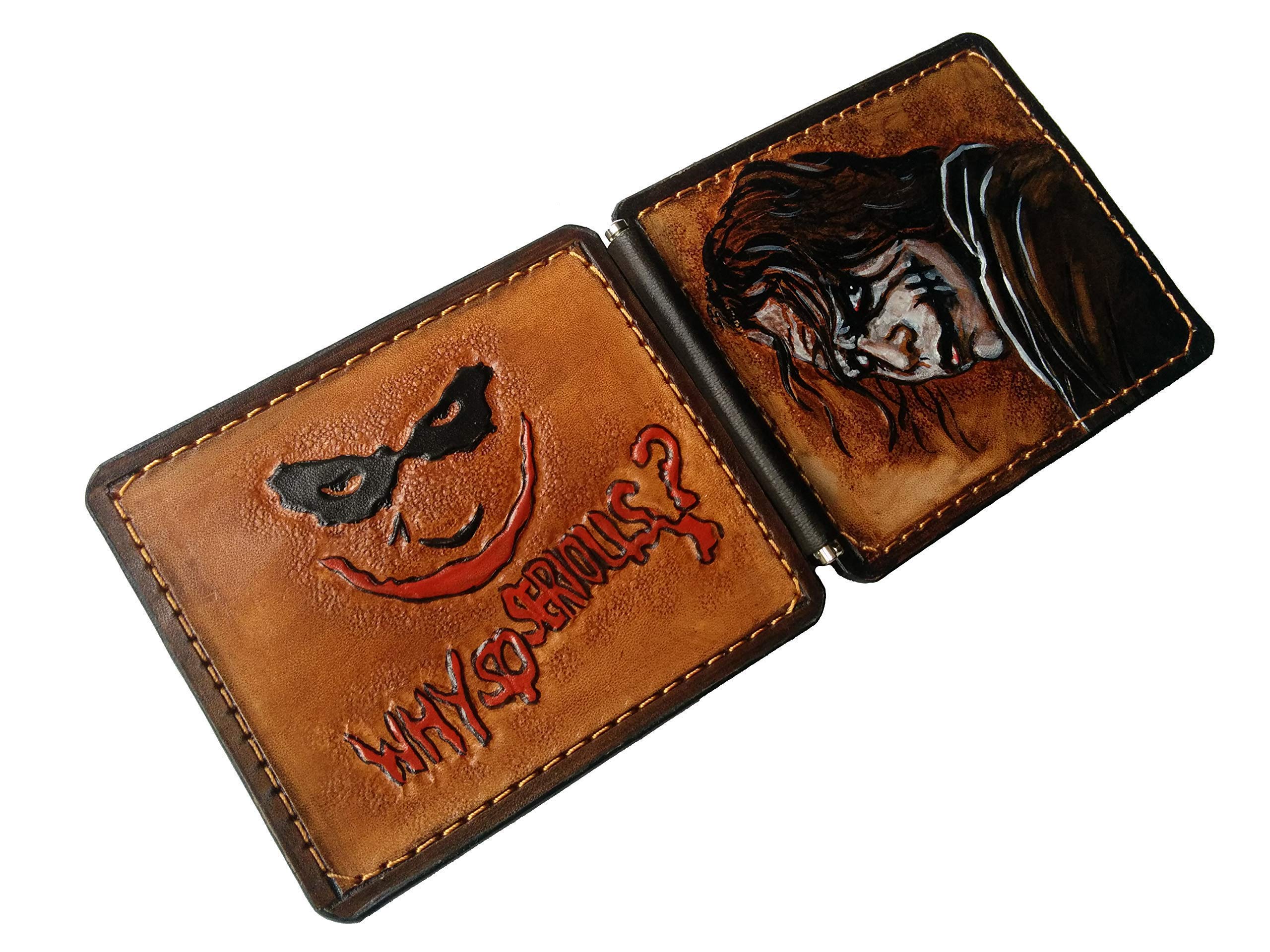 Joker Men's 3D Genuine Leather Wallet with Money Clip - Handmade Carved & Tooled Leather Bifold - Custom Airbrush Art Personalized Card Holder - Perfect Gift for Dad, Husband & Everyday Carry