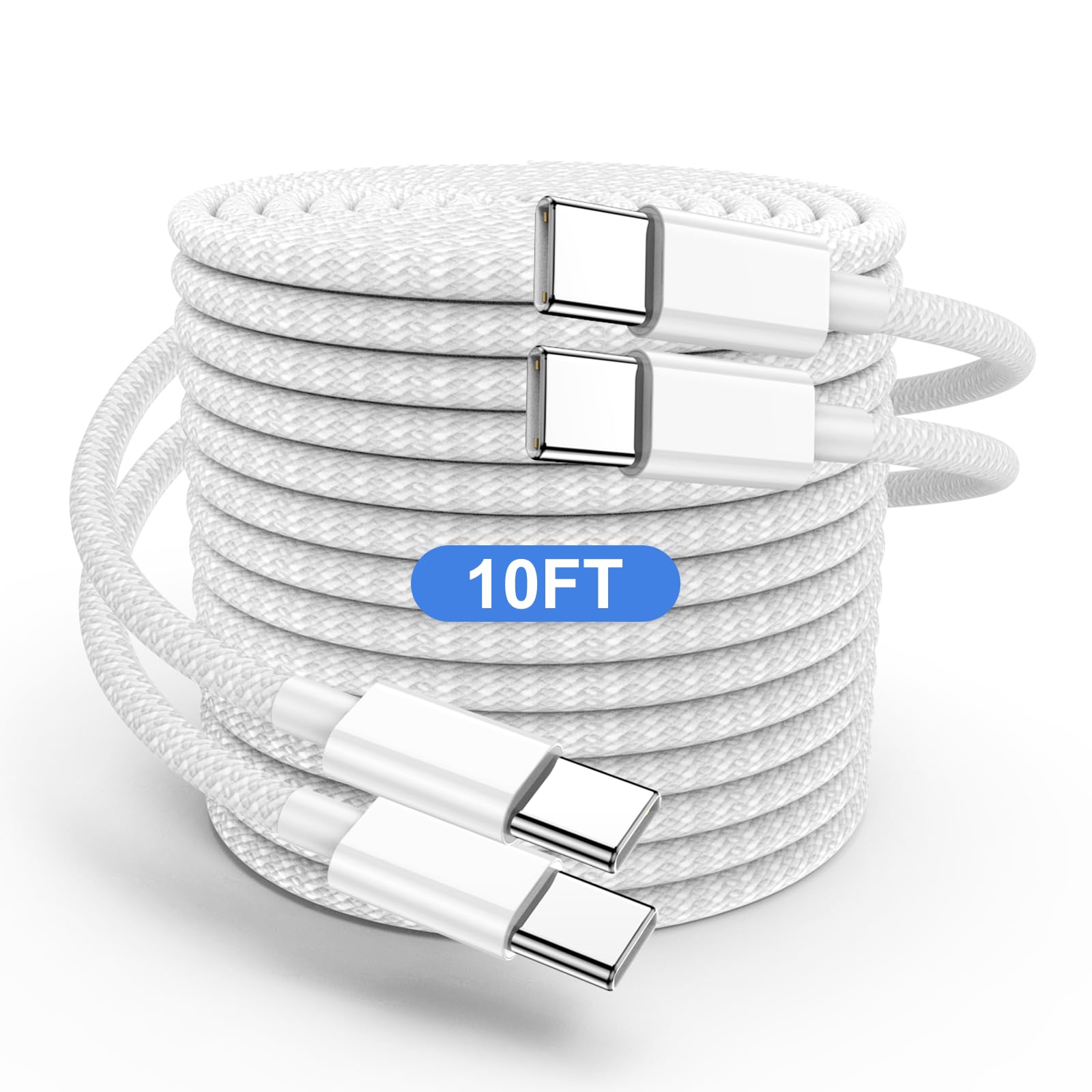 60W Fast Charging USB C to C Cable 10ft - PD Compatible Type C Charger Cord for iPhone 16 Pro Max/15 Pro, MacBook Pro 2021-2018, iPad Pro/Air/Mini, Samsung Galaxy - Perfect for Home, Office & Travel Charging