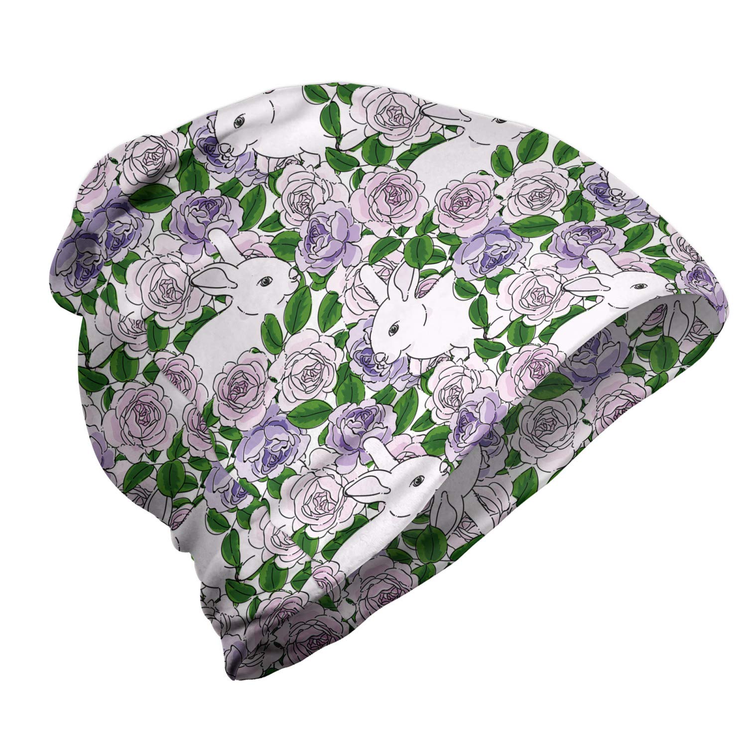Ambesonne Unisex Beanie - Rabbit & Rose Garden Design - Warm Winter Hat for Men & Women - Perfect for Hiking, Outdoor Activities & Cold Weather Fashion