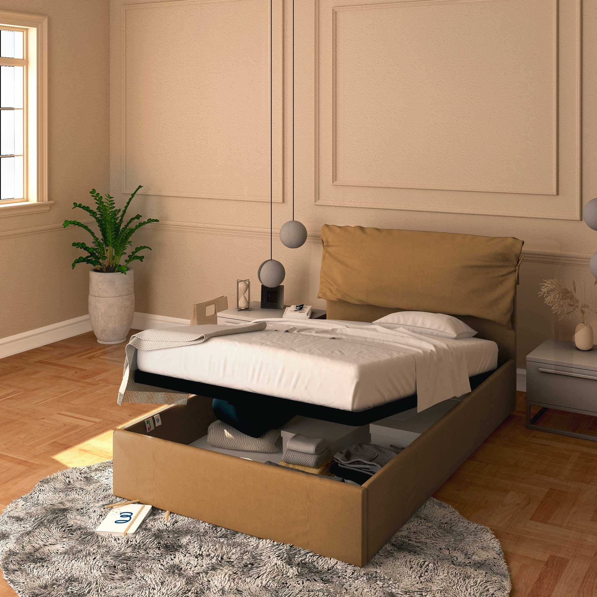 Baldiflex Licia Soft Synthetic Leather Body and Half Bed with Storage, Slatted Base for Queen and Half Mattress, 120 x 200 cm, Padded Headboard, Light Brown - Perfect for Small Bedrooms, Guest Rooms & Studio Apartments