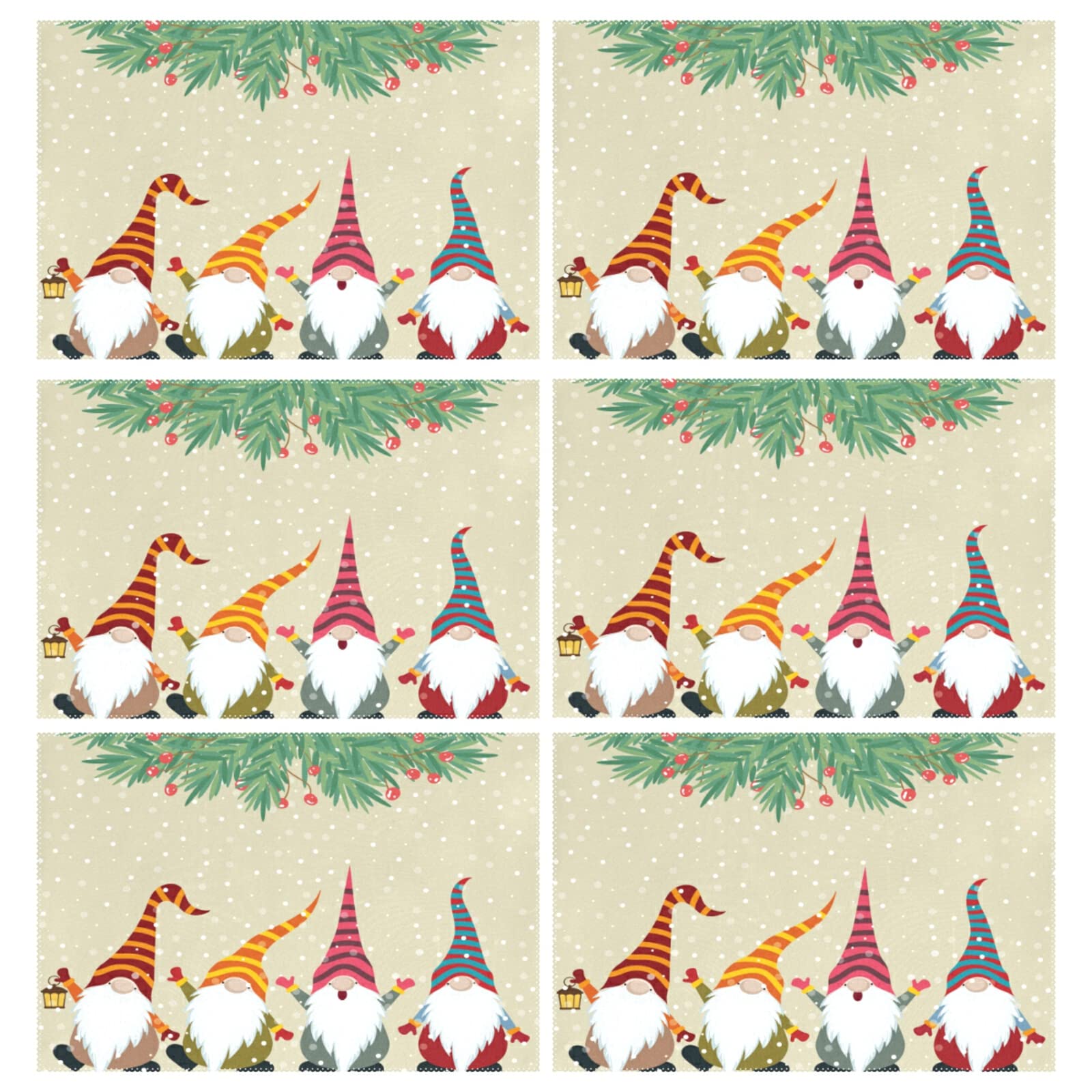 Christmas Gnomes Snowflake Leaf Washable Placemats Set of 6 - Holiday Dining Table Mats for Christmas Dinner, Party & Home Decor