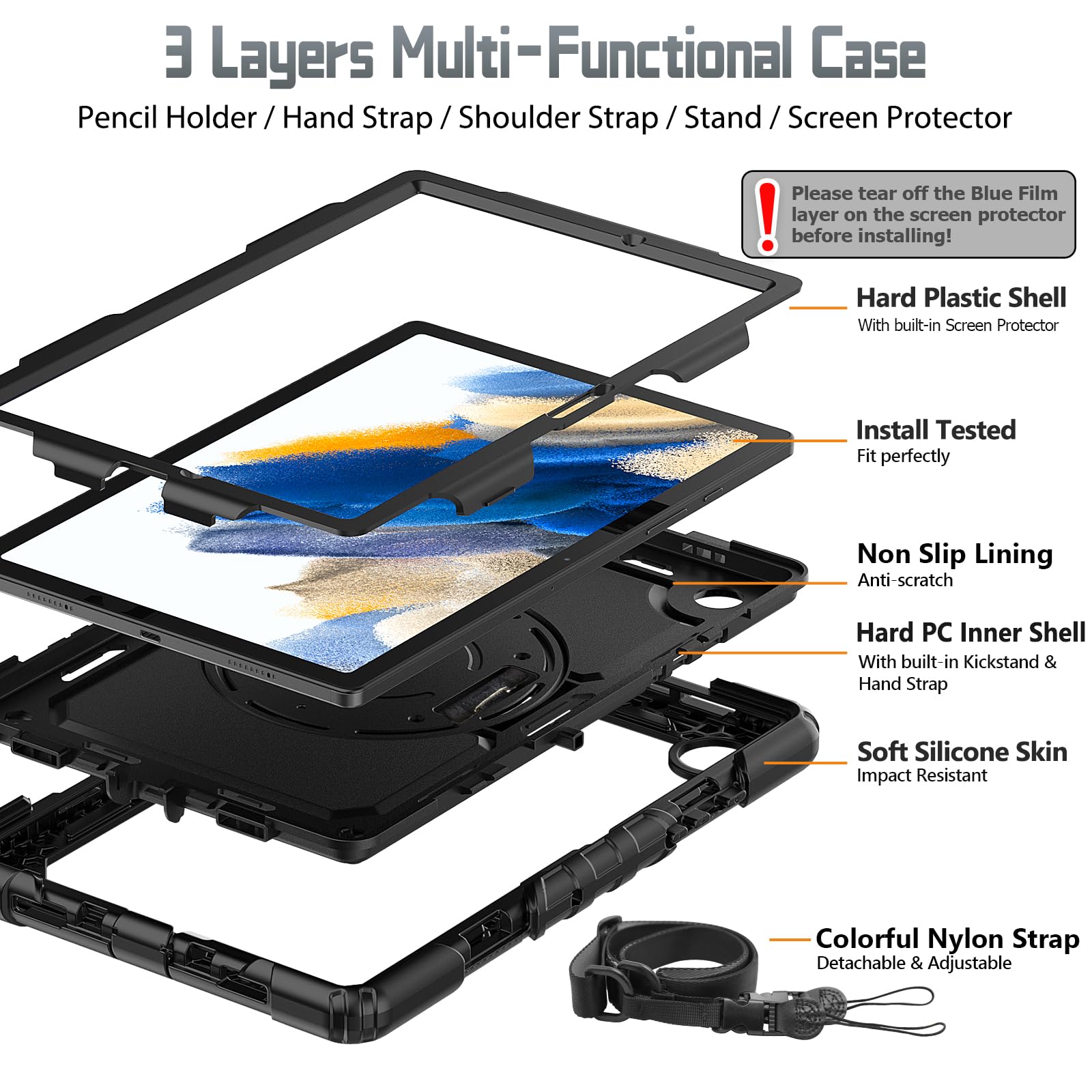 SIBEITU 360 Rotating Protective Case for Samsung Galaxy Tab A8 10.5 Inch 2022 (SM-X200/X205/X207) - Includes Screen Protector, Pencil Holder, Adjustable Stand & Hand Strap | Perfect for Work, School & Travel