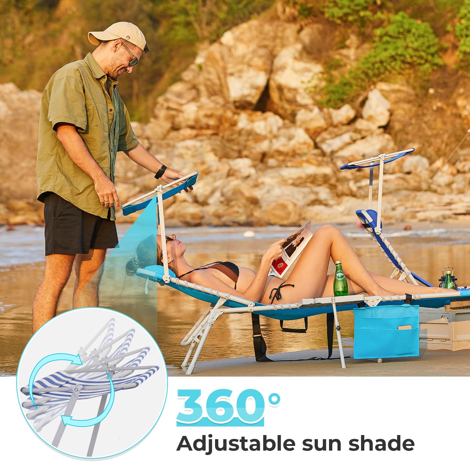 WEJOY Adjustable Patio Chaise Lounge Chair with Canopy & Side Table - 5-Position Recliner, Face Hole & Storage Pocket - Portable Folding Beach Chair for Poolside, Lawn, Camping & Sunbathing - Perfect for Outdoor Relaxation by the Pool, Beach or Backyard