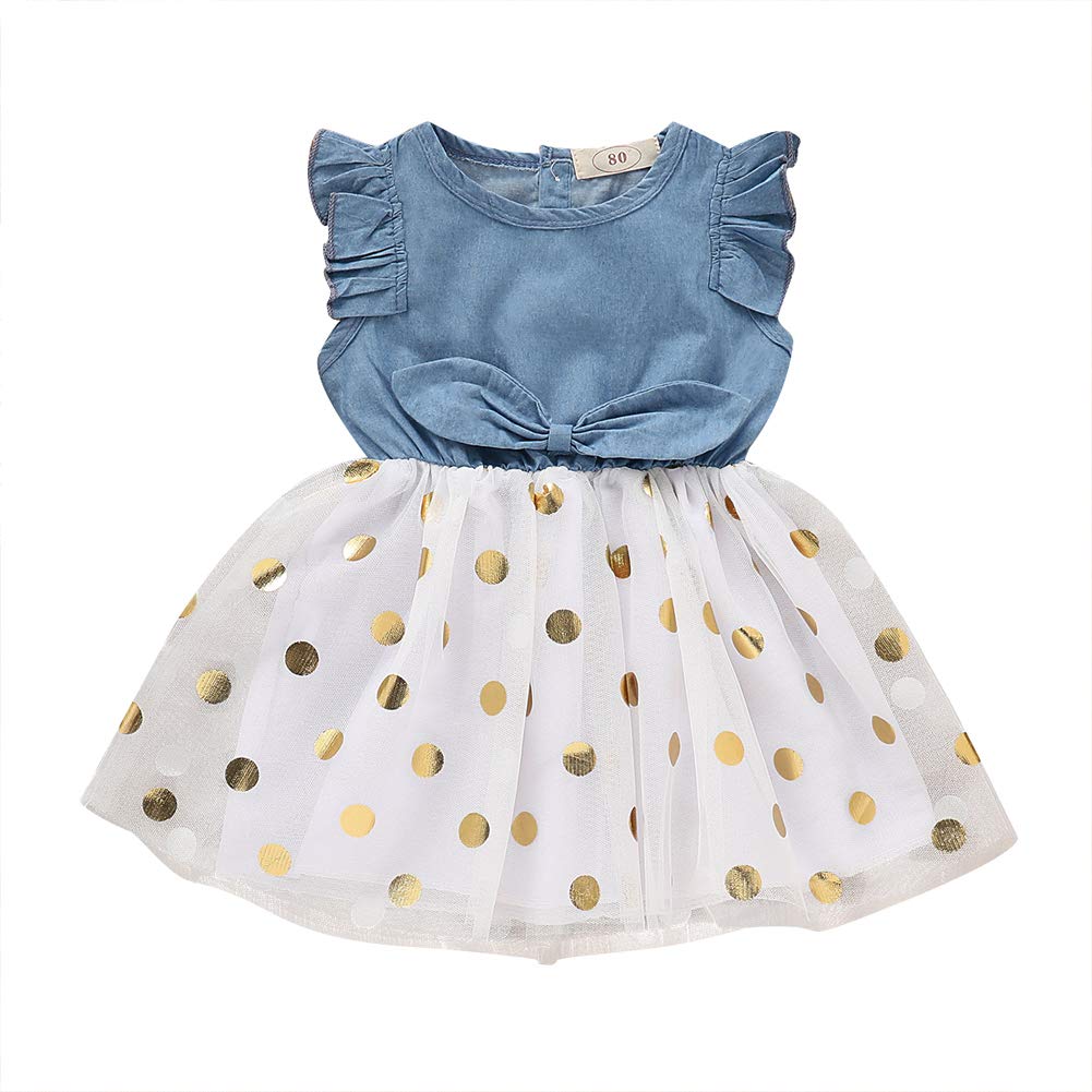 ITCute Toddler Baby Girl Floral & Stripe Print Denim Dress - Sleeveless Button Down Casual Outfit for Playdates, Parties & Summer Outings