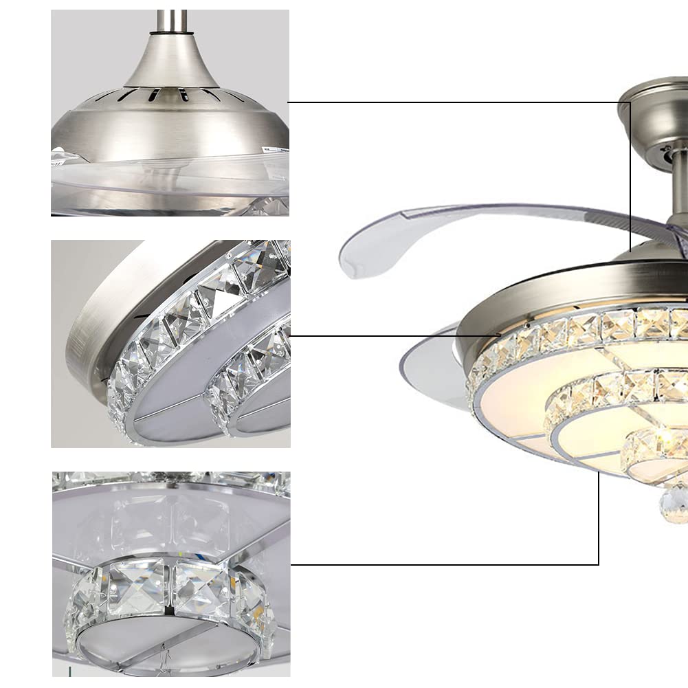 42 Inch Modern Crystal Ceiling Fan with Remote Control - Retractable Crystal Chandelier Fan with Dimmable LED Lights - Perfect for Dining Room, Living Room & Bedroom (Silver) | Energy Efficient Cooling & Elegant Lighting Solution