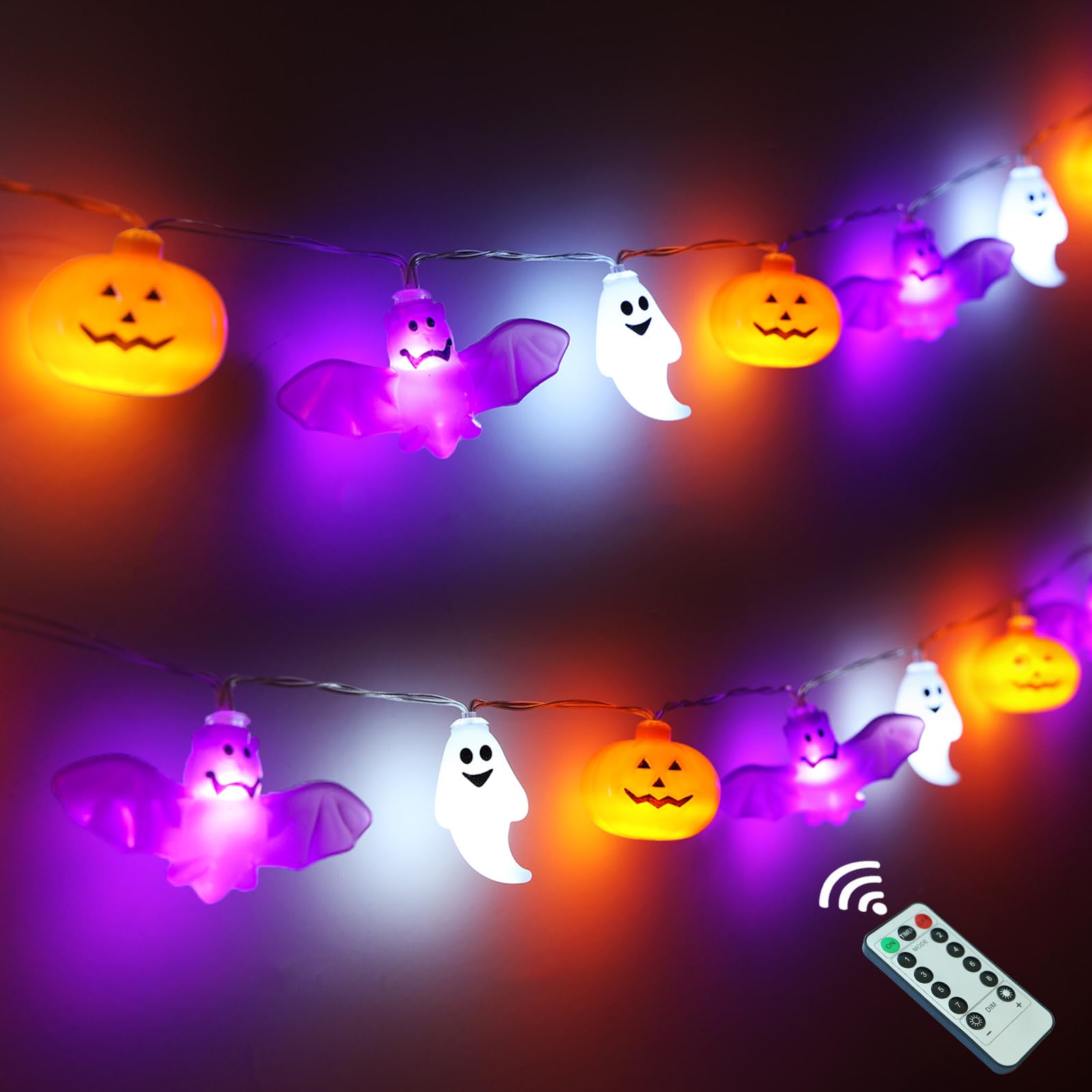 30 LED Halloween String Lights - 16.4FT Orange & Purple Pumpkin Bat Ghost Lights with 8 Lighting Modes & Timer | Battery Operated Indoor/Outdoor Decor for Window, Porch, Party | Strobe Fairy Lights for Halloween Decorations