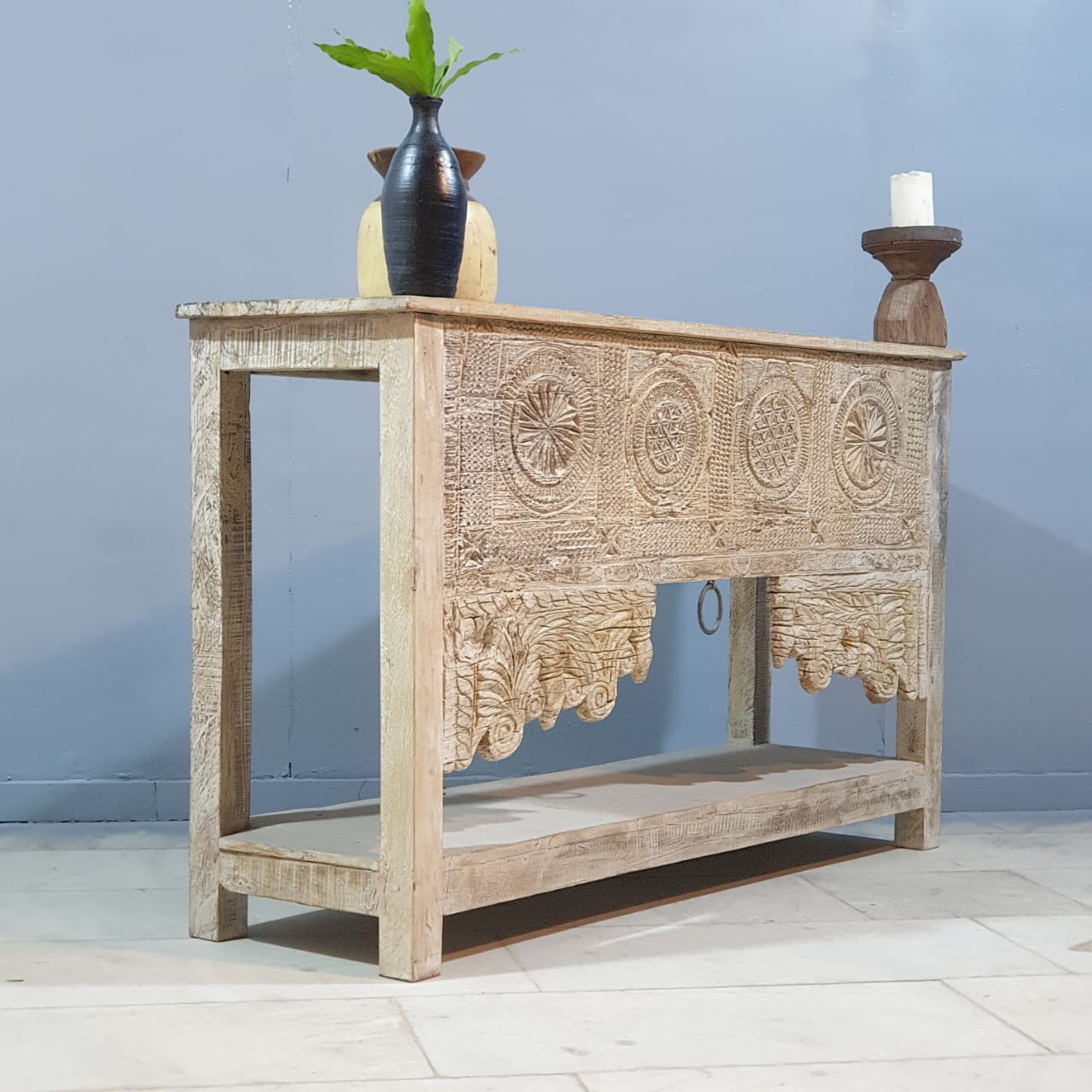 Handmade Carved Solid Hardwood Console Table 152x45x92cm Whitewashed - Entryway Sofa Table, Hallway Furniture, Farmhouse Living Room Decor