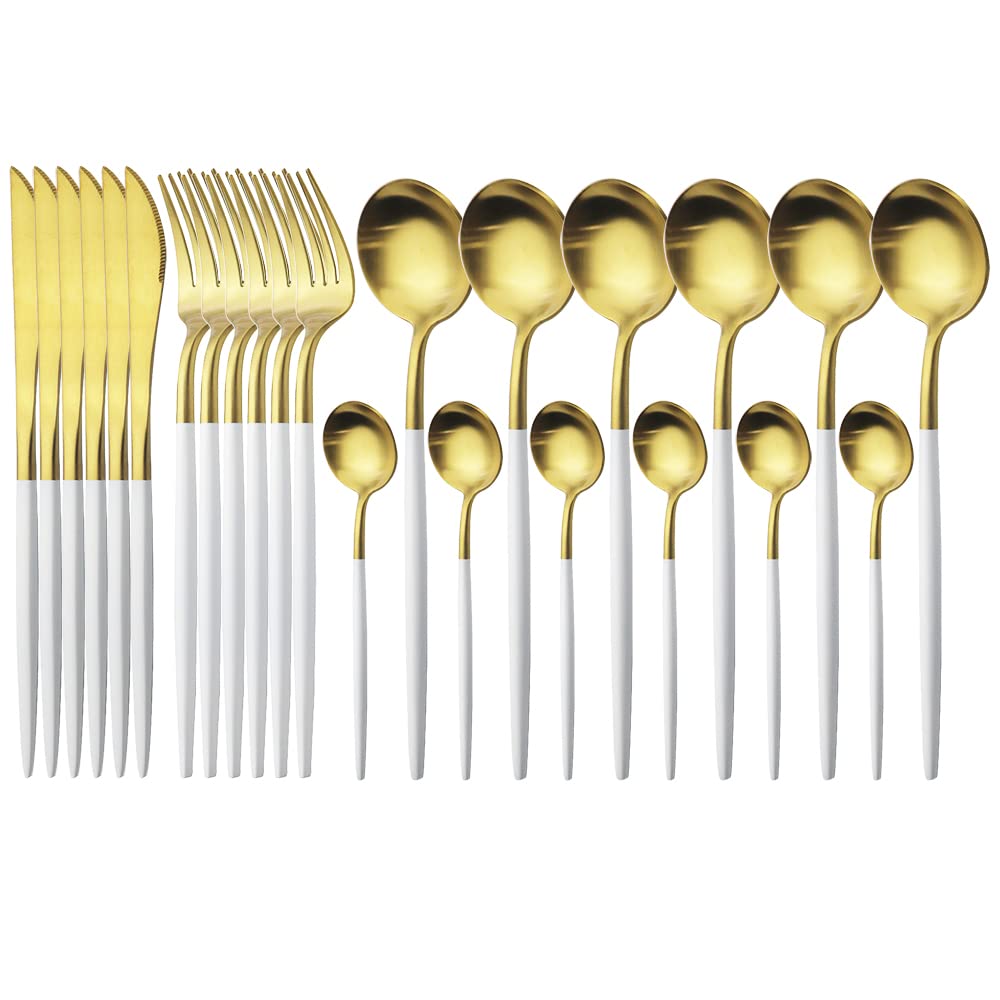 Premium 24-Piece Stainless Steel Flatware Set - 18/10 Silverware Cutlery with Knives, Forks & Spoons - Elegant White Gold Dinnerware for Formal Dining, Wedding Registry & Luxury Kitchen Essentials