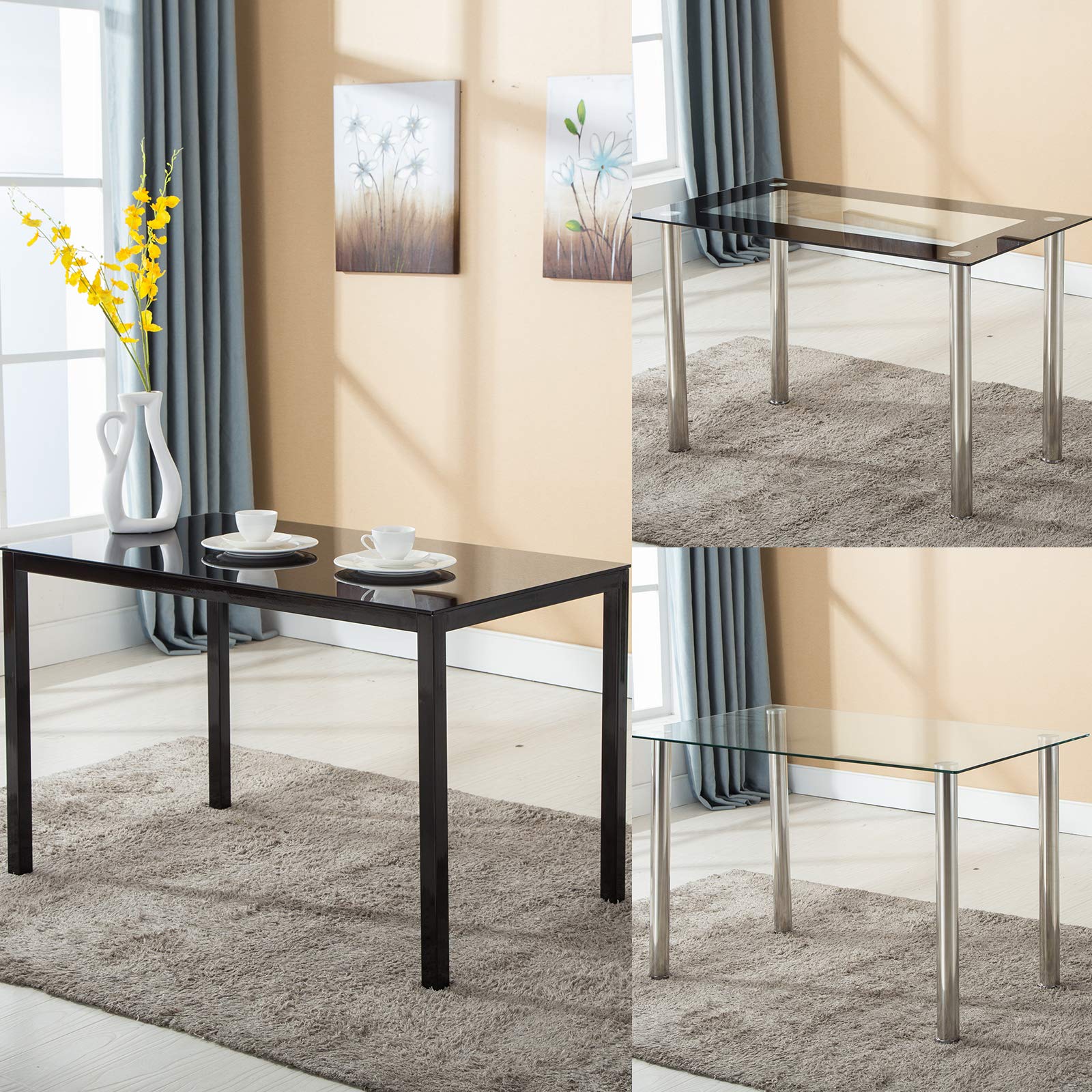 Modern Minimalist Glass Dining Table with Metal Legs - 47 Inch Rectangular Kitchen Table for 4-6 People, Black | Perfect for Small Spaces, Apartments & Contemporary Dining Rooms