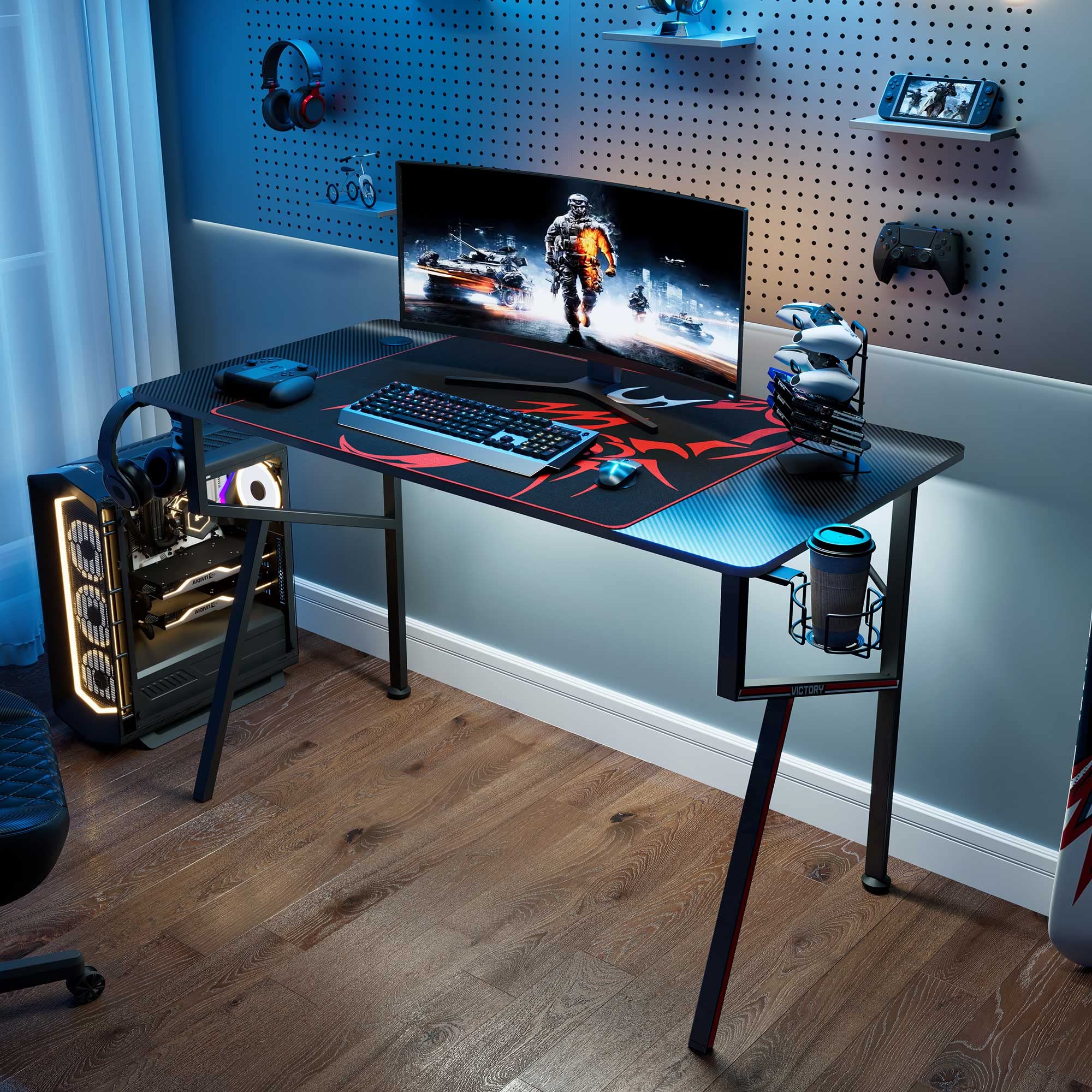 47 Inch K-Frame Gaming Desk - Ergonomic Computer Desk for Home Office & Professional Gamers with Cup Holder, Headphone Hook & Controller Stand | Includes Free Mousepad | Perfect for PC Gaming, Streaming & Remote Work (Black)