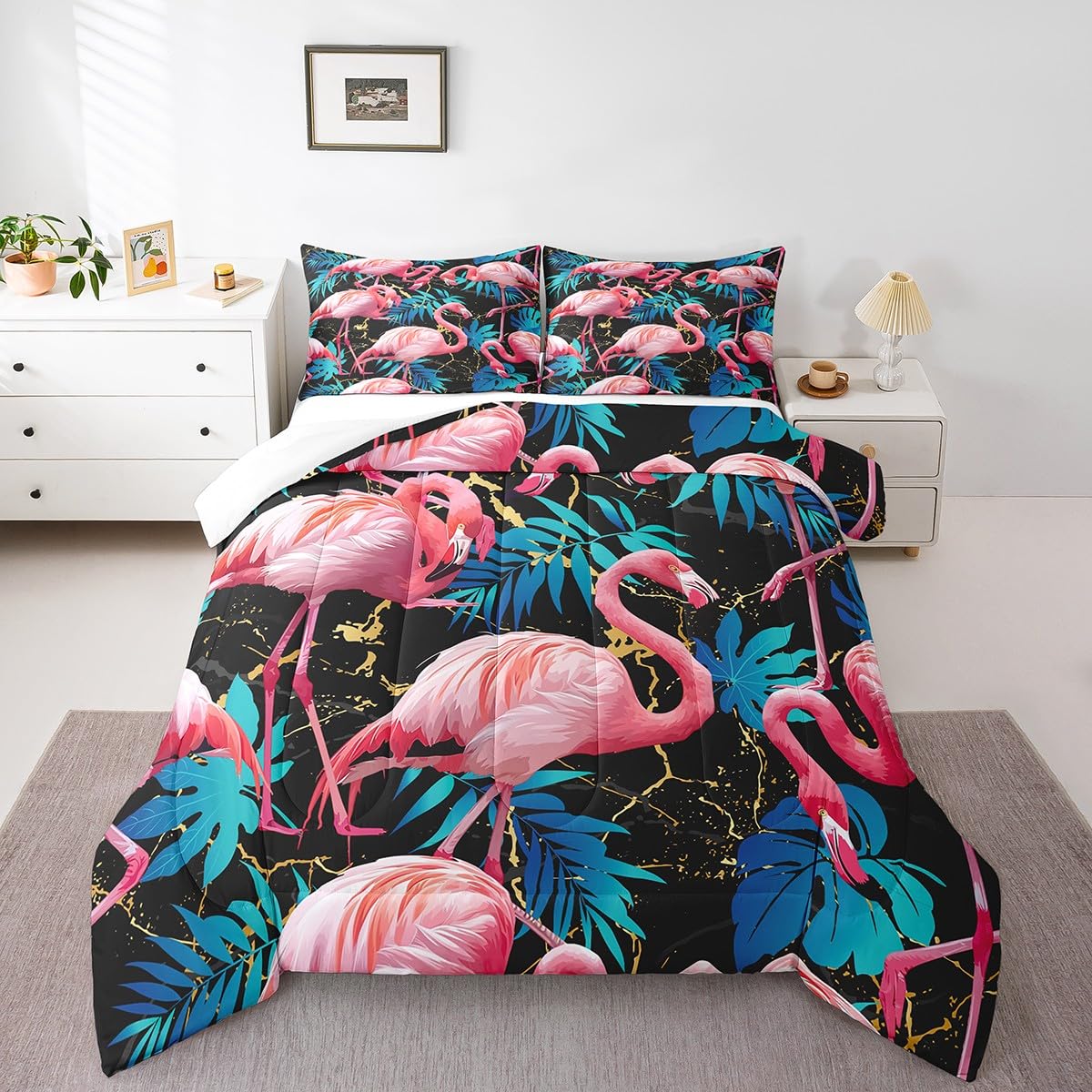 Castle Fairy Pink Flamingo Kids Comforter Set Queen Size - Tropical Animal Design Duvet Cover with Blue Palm Leaves Print & Golden Black Marble Artwork - Perfect for Girls' Bedroom Decor, Tropical Theme Nursery, and Kids' Room Makeover