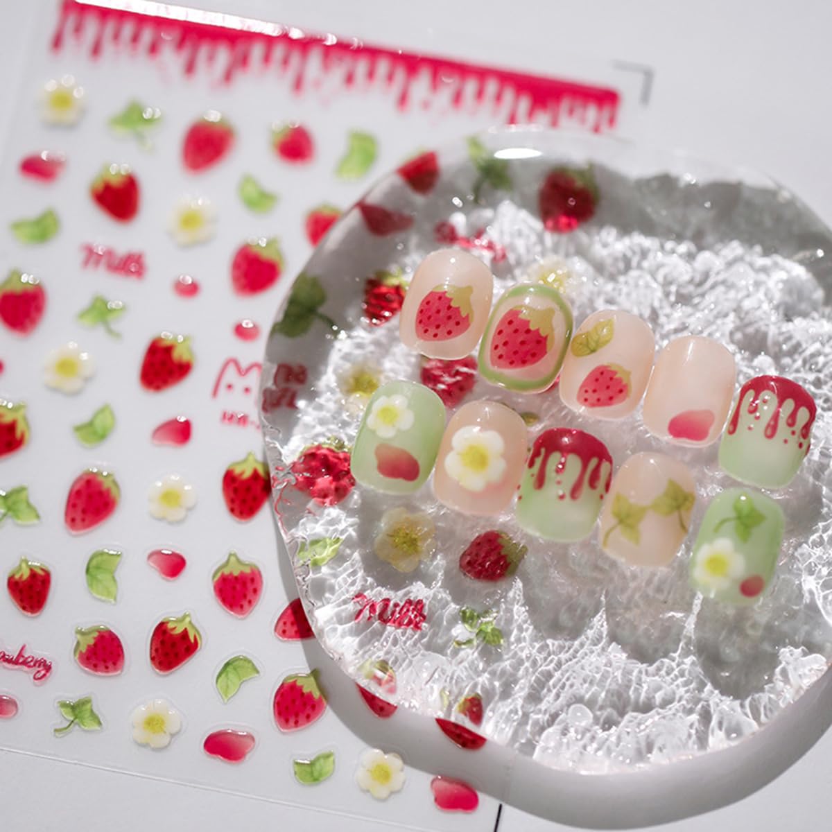 5D Kawaii Strawberry Jelly Embossed Nail Art Stickers - Cute Summer Nail Decals with Sweet Flower & Fruit Leaf Designs for Manicure Decorations | Perfect for DIY Nail Art, Parties, and Summer Nail Looks