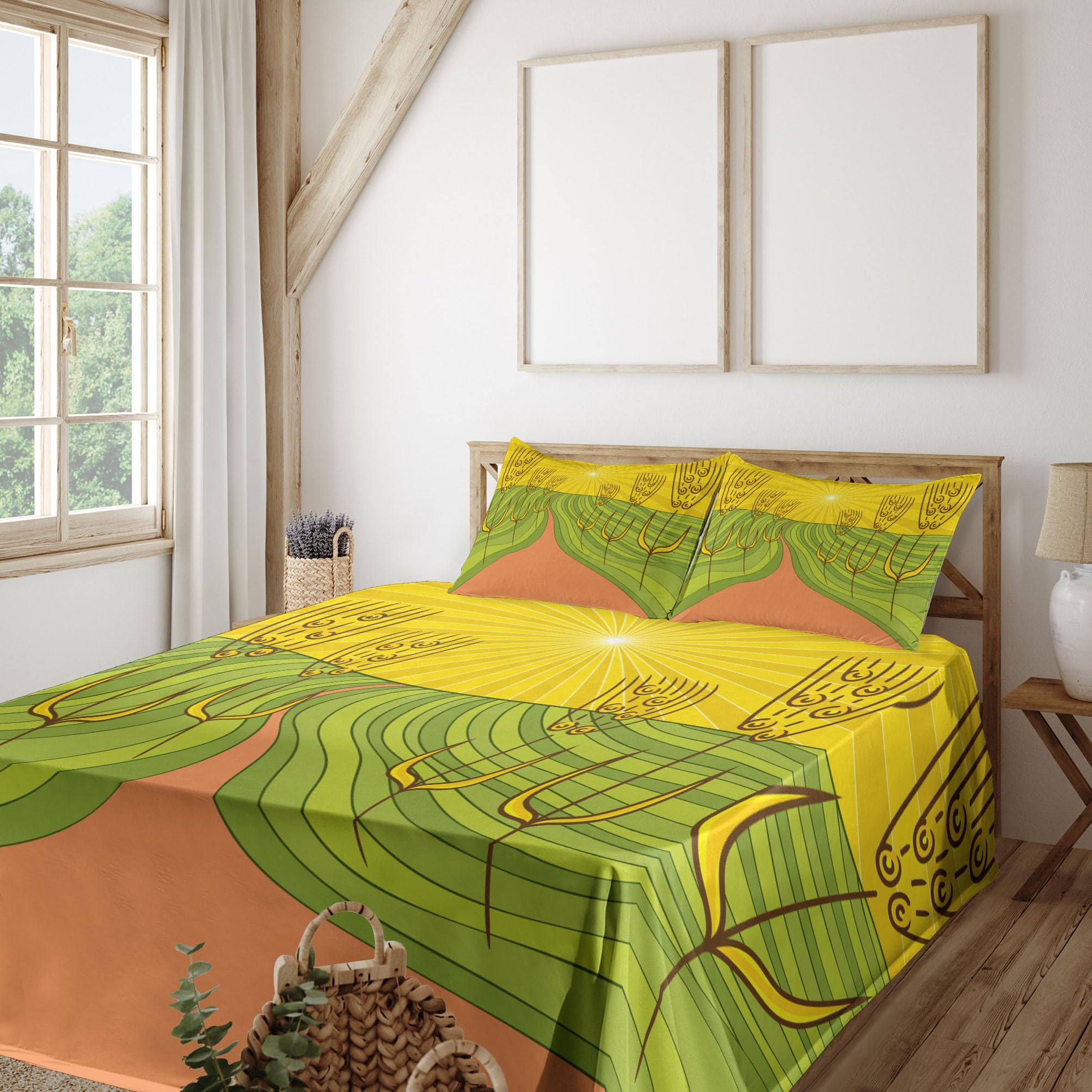 Ambesonne County Farmhouse Sheet Set - 4 Piece King Size Bedding with Agriculture Themed Farmland Design, Starburst Lines & Wheat Motifs in Burnt Sienna Yellow - Perfect for Rustic Bedrooms, Farmhouse Decor & Cozy Countryside Retreats
