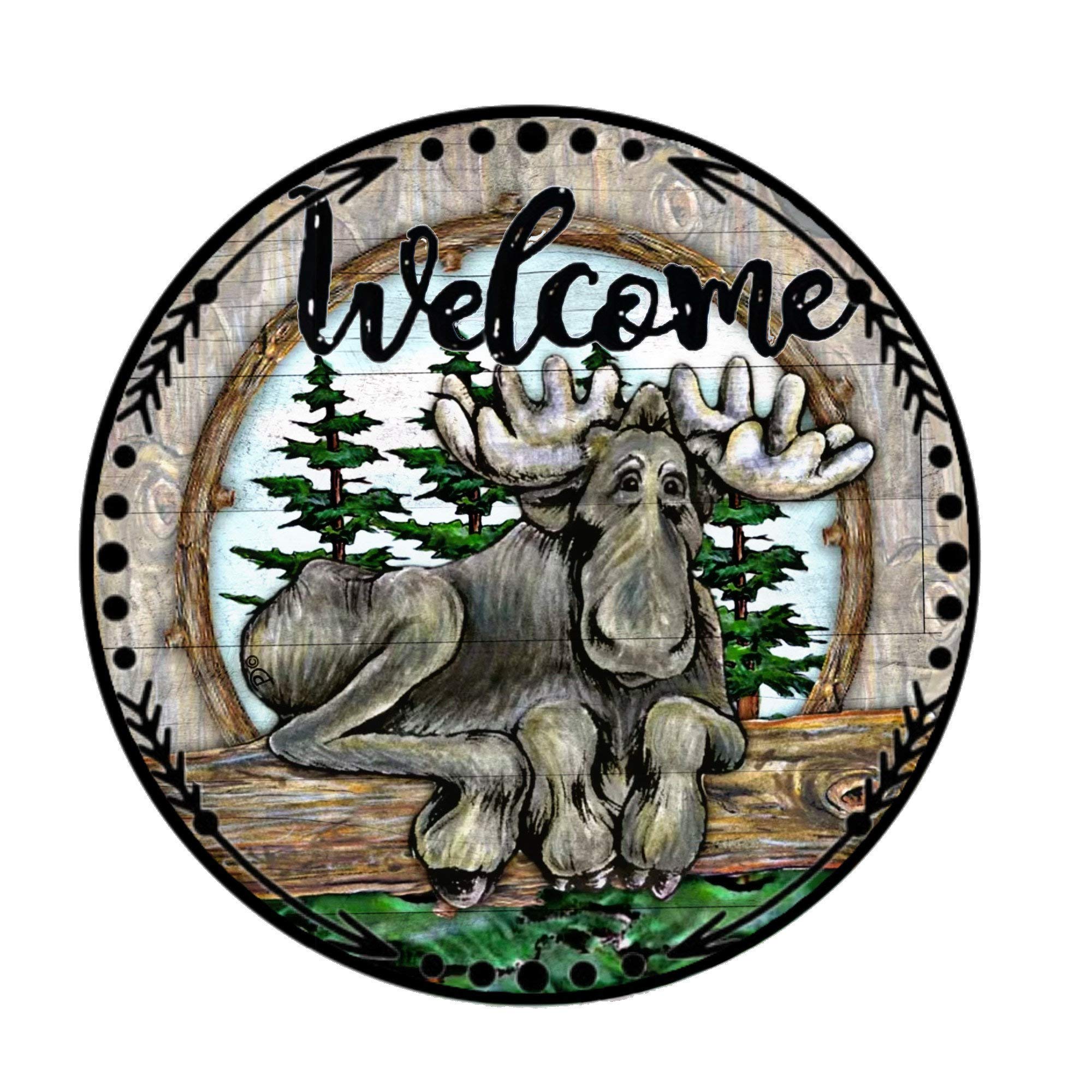 GEDSING Rustic Moose Welcome Sign with Wreath Attachment - Round Metal Tin Wall Decor for Home, Kitchen, Bar, Cafe & Garage - Vintage Farmhouse Style Gift (Perfect for Front Door Entryway, Coffee Shop Decor, and Man Cave Wall Art)