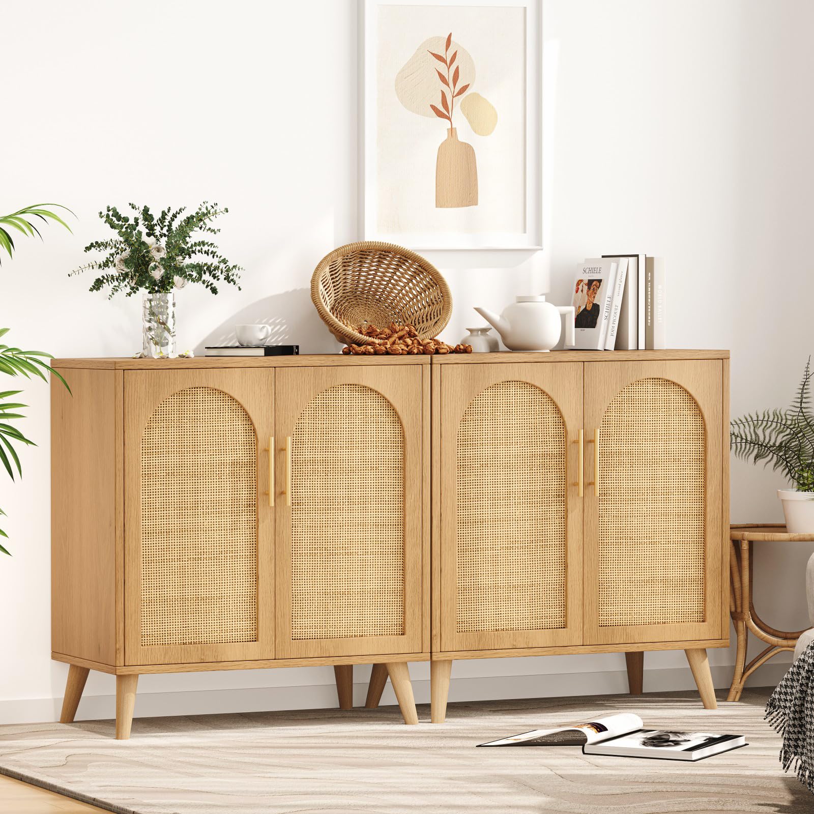 Rovaurx Set of 2 Rattan Storage Cabinets with Doors - Modern Accent Bathroom & Living Room Floor Cabinet, Sideboard Buffet for Entryway, Dining Room & Kitchen - Natural BMGZ108M02 | Perfect for Home Organization & Stylish Decor