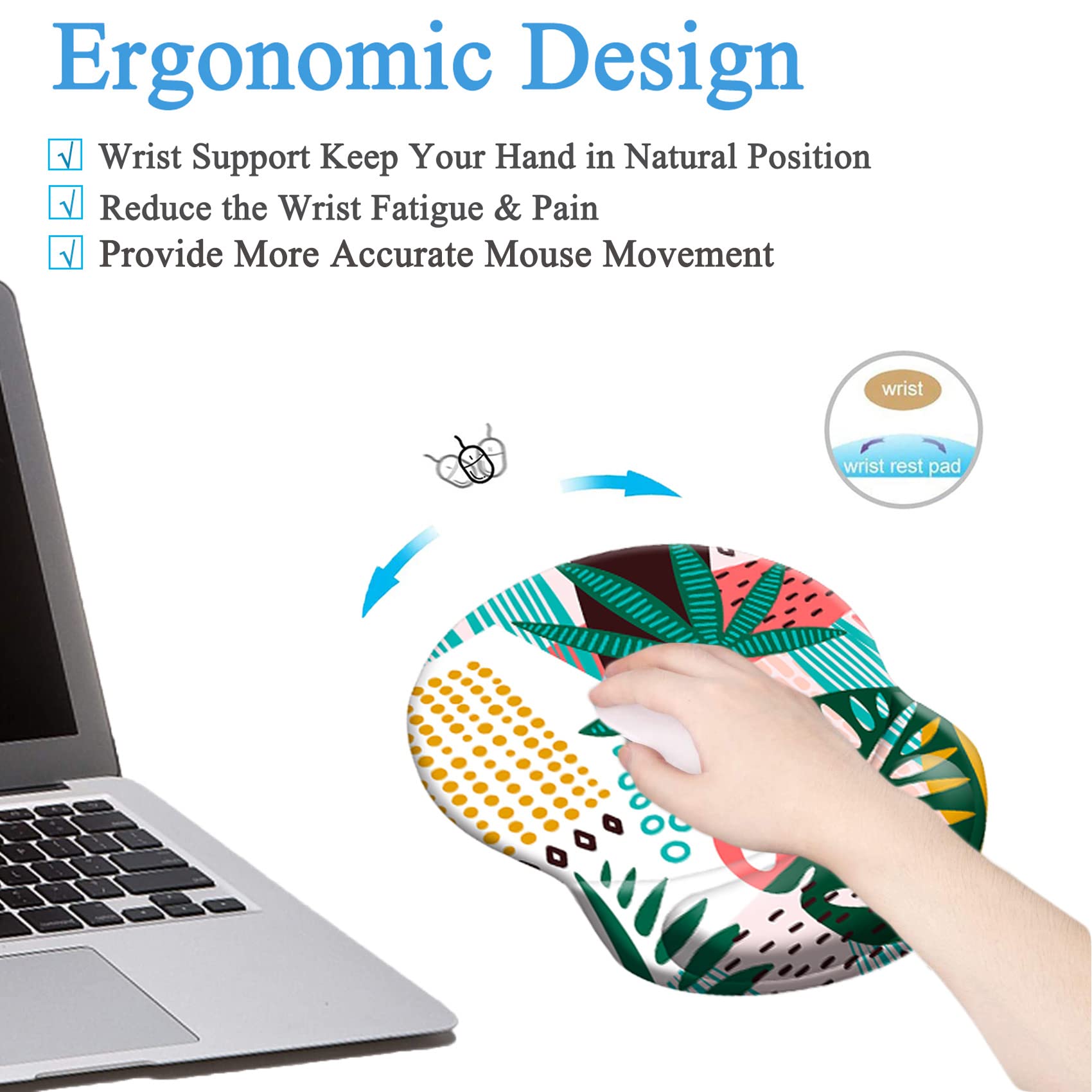Ergonomic Mouse Pad with Wrist Support - Pain Relief Comfort Wrist Rest Pad for Gaming, Office & Home Use - Non-Slip PU Base - Coconut Leaves Design - Perfect for Long Work Hours, PC Gaming & Travel