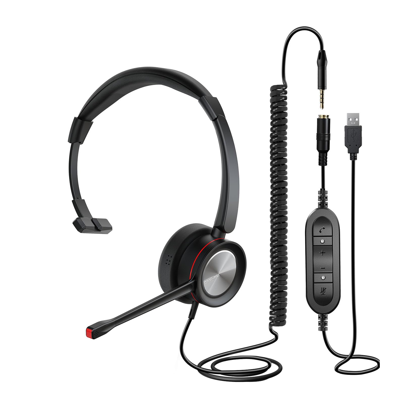Noise Cancelling USB-A Headset with Comfortable Single Ear Design - 3.5mm to USB Headphone for Office, Call Center, Remote Work - Perfect for Zoom, Teams, Skype, RingCentral, Zoiper & Dictation - Ideal for Long Work Hours, Online Meetings & Customer Service Calls