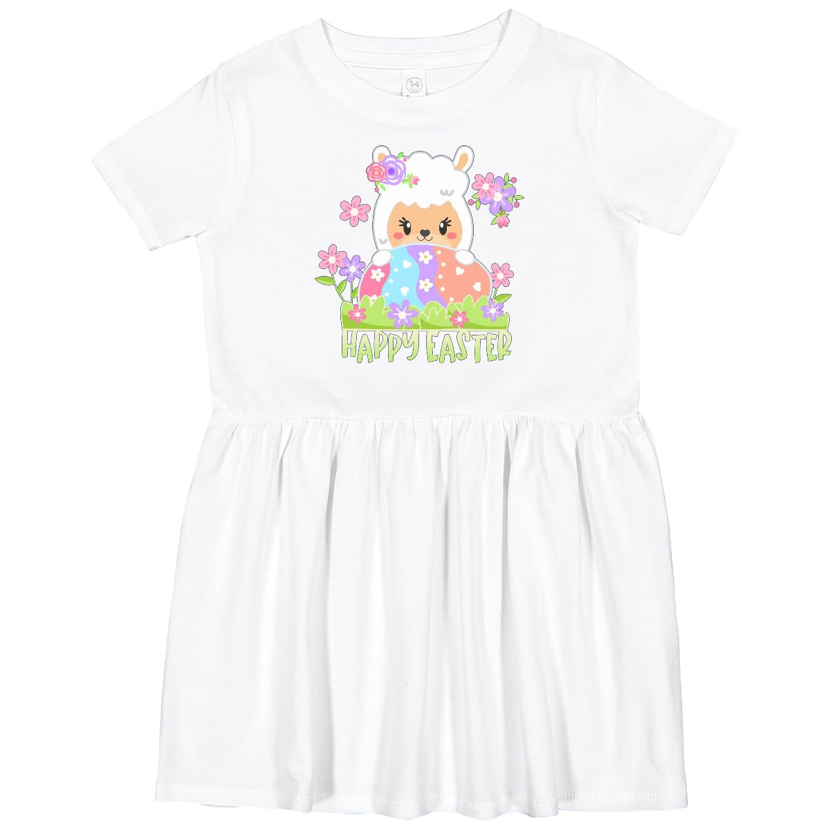 Inktastic Happy Easter Llama with Spring Flowers and Egg Toddler Dress - Cute Easter Outfit for Baby Girls, Soft Cotton Playwear for Spring Celebrations & Photo Shoots