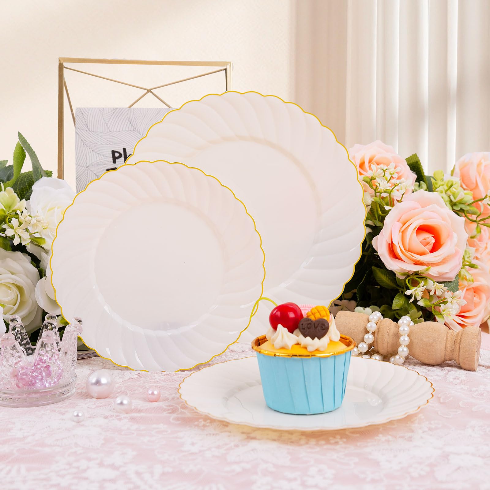 Premium 100-Piece Ivory Scalloped Plastic Plates Set with Gold Rim - Elegant Disposable Dinnerware for Parties, Weddings & Events - Includes 50x 9