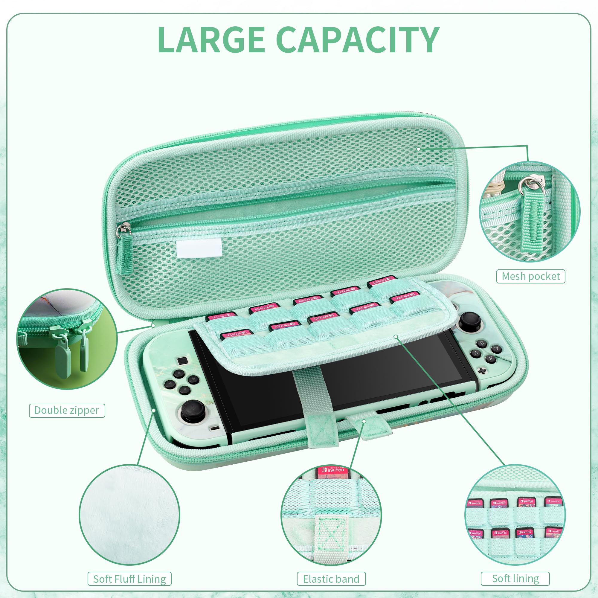 Premium Shockproof Hard Shell Carrying Case for Nintendo Switch OLED - Travel Bag with PC Protective Cover, Screen Protector, Shoulder Strap & 2 Thumb Grips (Green Marble) - Perfect for Gaming on the Go, Travel Protection & Accessory Storage