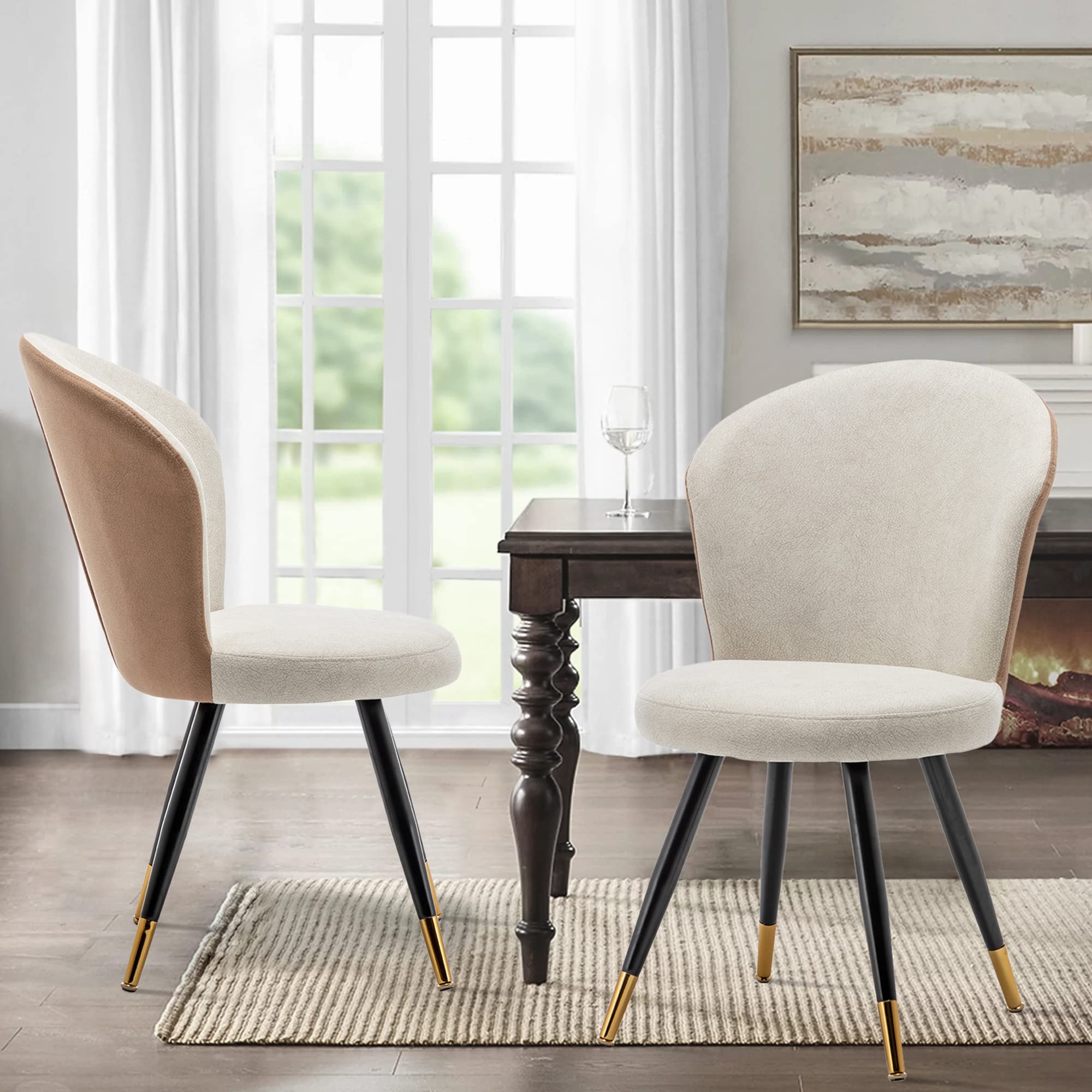 Awonde Set of 2 Modern Upholstered Dining Chairs - Armless Kitchen & Restaurant Chairs with Sturdy Metal Legs, Beige-Brown - Perfect for Home Dining Rooms, Cafes and Small Spaces