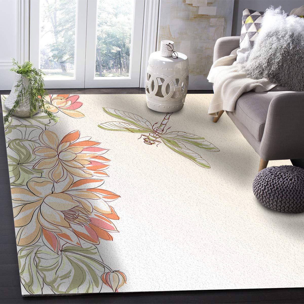 Dragonfly Large Area Rugs 2' x 3' - Soft Nursery Carpet for Kids, Lotus Flower Field with Dragonfly Oriental Design - Non-Slip Modern Floor Mat for Living Room, Bedroom, Kitchen - Perfect for Nursery Decor, Playroom & Home Interior