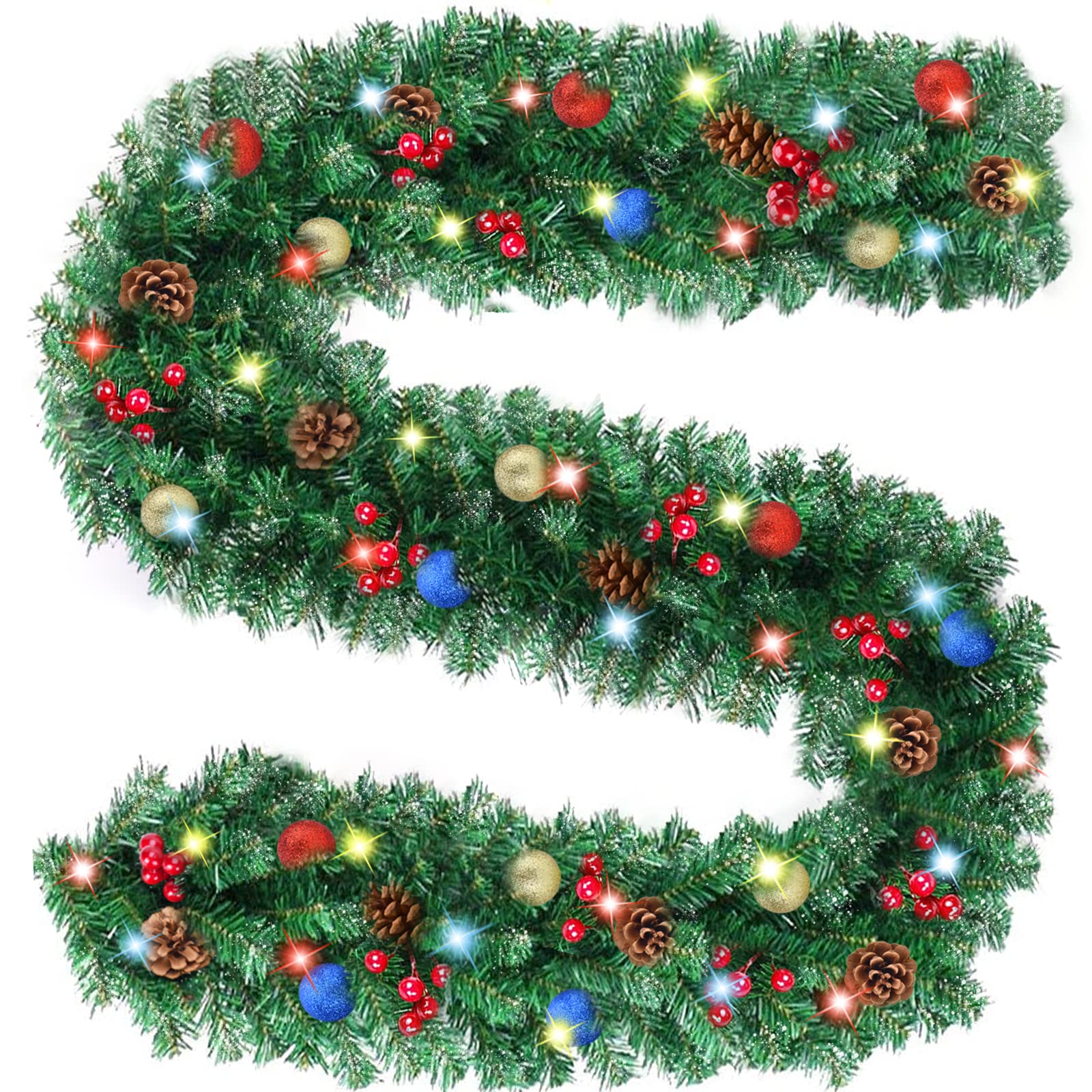 50-Light Battery Operated Christmas Garland Wreath - 9ft Artificial Pine with Colorful Balls, Red Berries & Pine Cones - Indoor/Outdoor Holiday Decor for Fireplace, Mantel, Doorway & Wall Decorations