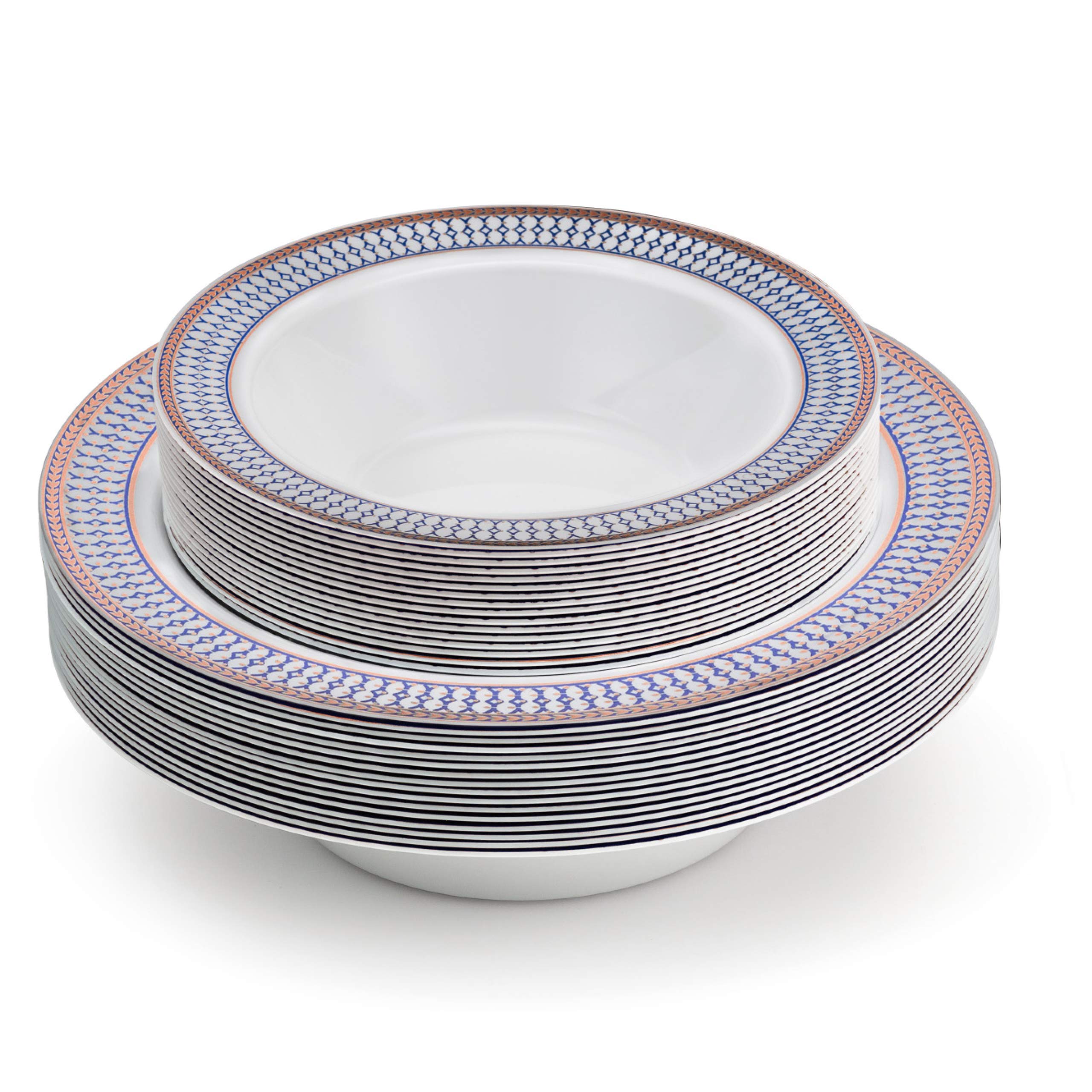 Laura Stein Elegant Disposable Dinnerware Set - 32-Piece Plastic Party Bowls for Weddings & Events - 16 White Soup Bowls (12 oz) & 16 Dessert Bowls (5 oz) with Blue Rim & Rose Gold Accents - Perfect for Wedding Receptions, Bridal Showers, Birthday Parties & Formal Gatherings