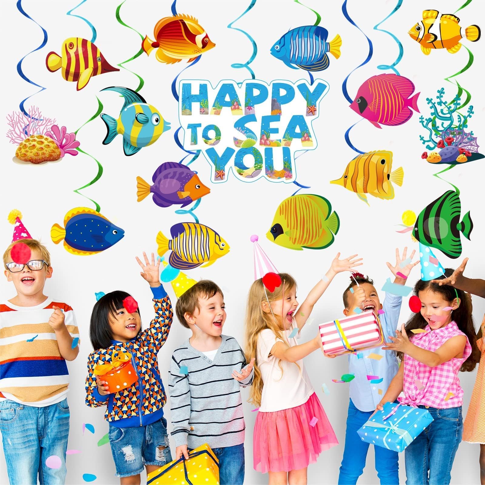 66 Pcs Tropical Fish Hanging Ceiling Swirls - Under The Sea Party Decorations, Ocean Themed Spiral Decor for Kids, Boys & Girls - Perfect for Mermaid Birthday Parties, Ocean Creature Themed Events & Classroom Decorations