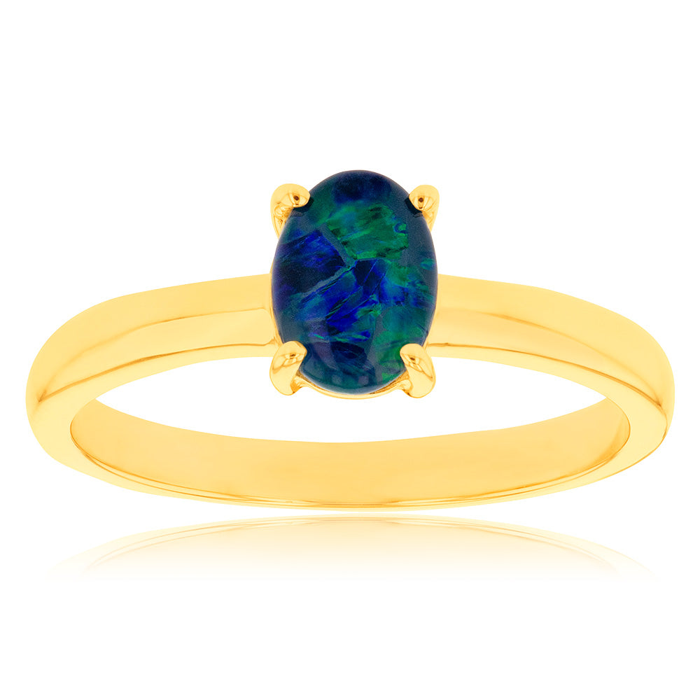 9ct Yellow Gold 7x5mm Oval Opal Ring - Resizable 1-2 Sizes - Elegant Jewelry for Women, Perfect for Weddings, Anniversaries & Special Occasions