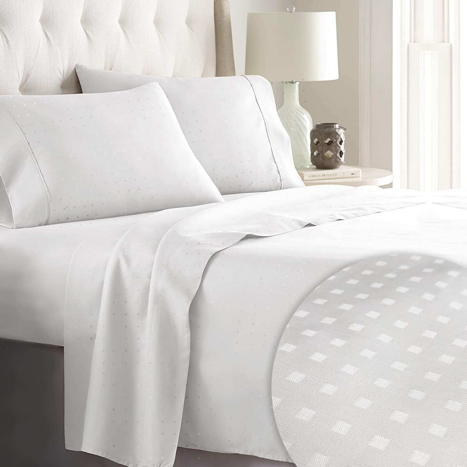 Pizuna Pure 100% Cotton King Size Sheets - 600 Thread Count Long Staple Cotton Crisp Sateen Bedding Set with 15