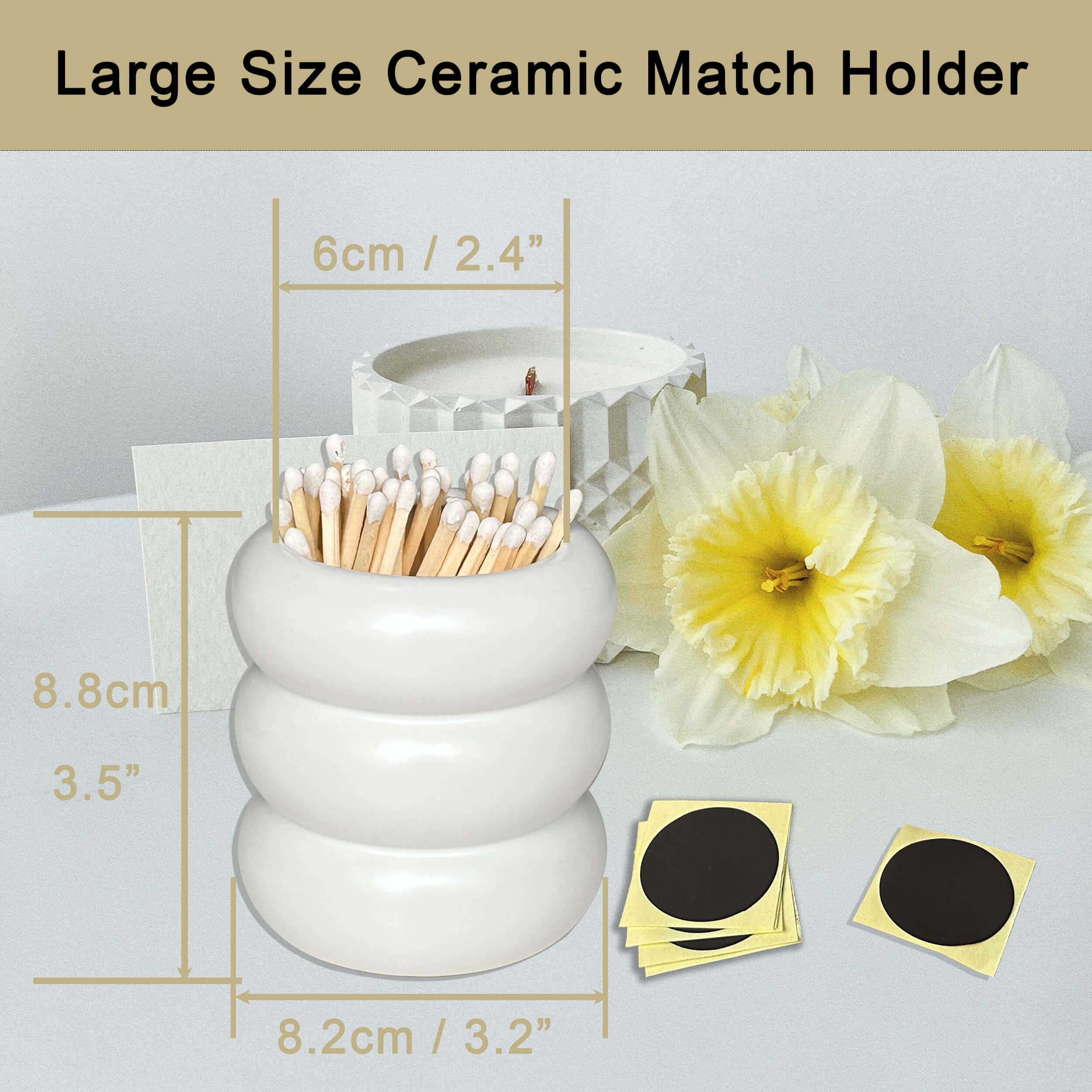 Decorative Ceramic Match Holder with Striker - Large Size for Long Matches Bulk (Sold Without Matches) - Perfect for Fireplaces, Candles & Outdoor Camping
