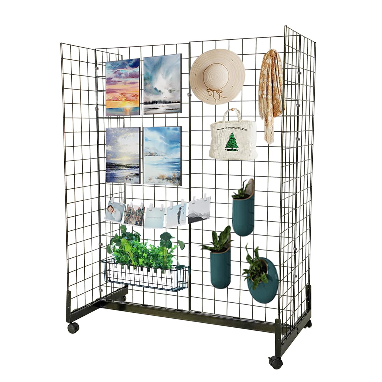 Biosp 5' x 2' Heavy Duty Mobile Gondola Grid Wall Tower with Casters - Adjustable Wire Grid Rack Panels for Retail Displays, Craft Shows & Trade Exhibits - Perfect for Store Merchandising, Boutique Organization & Event Product Showcases
