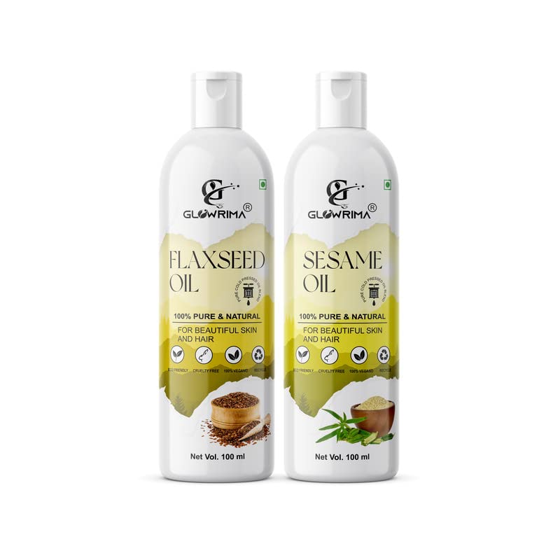Glowrima 100% Pure Flaxseed Oil & Sesame Oil Combo (100ML Each) - Promotes Hair Growth, Reduces Hair Fall, Repairs Split Ends for Soft & Shiny Hair - Natural Hair Care Solution for Daily Nourishment & Styling (Pack of 2)