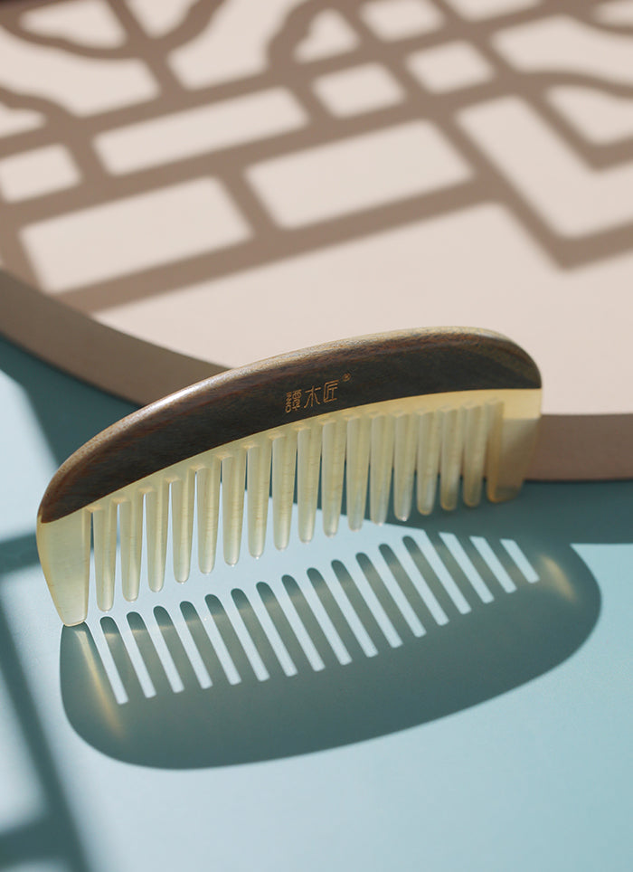 Natural Sheep Horn & Wooden Hair Comb for Women & Men - Handmade Detangling Styling Comb for Daily Hair Care & Grooming - Perfect for Home, Travel & Salon Use