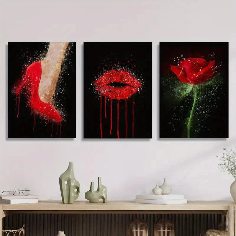 3PCS Fashion Red High Heels with Red Lips & Rose Metal Wall Art - Ready to Hang, Perfect for Bedroom, Living Room & Office Decor