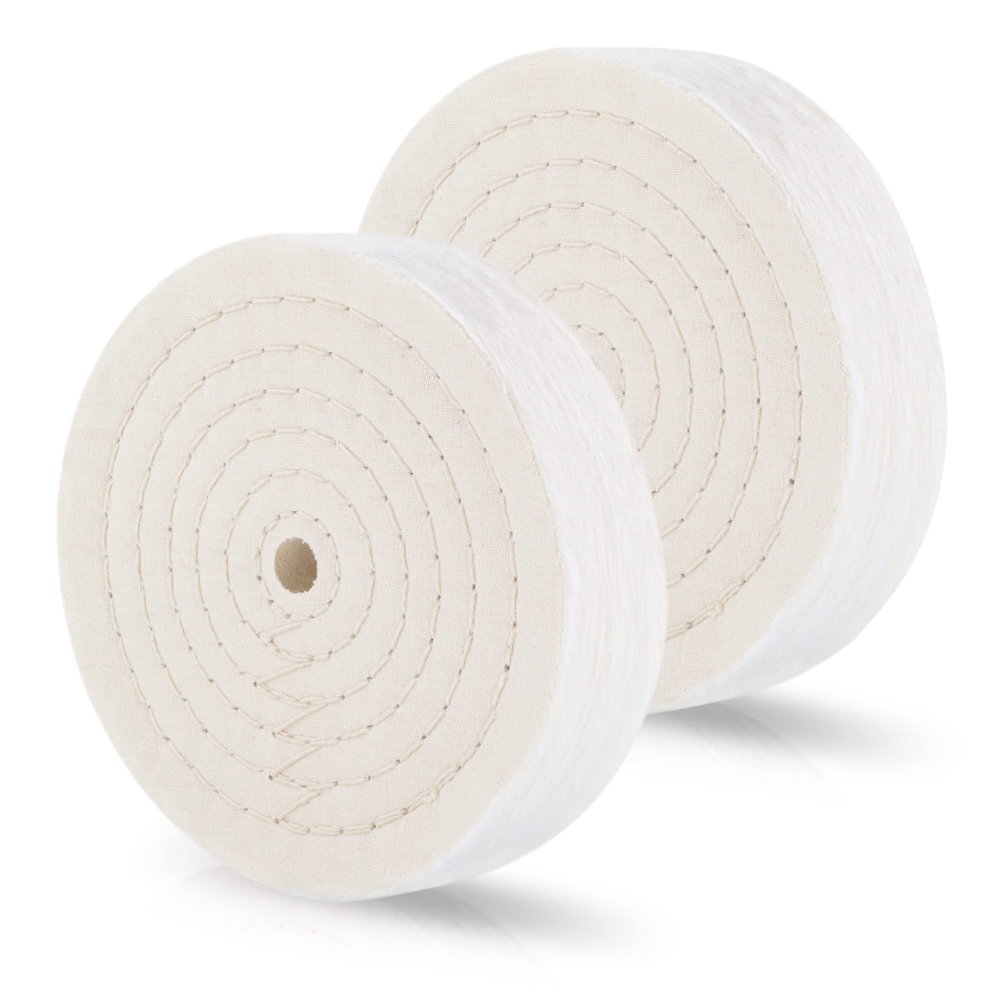 Drixet 6 Inch Extra Thick Buffing Wheels for Bench Grinder - 80 Ply Fine Cotton Sewn Rigid Treated Spiral Polishing Wheel with 1/2” Arbor Hole (2 Pack) - Perfect for Metal Polishing, Jewelry Making & Automotive Detailing