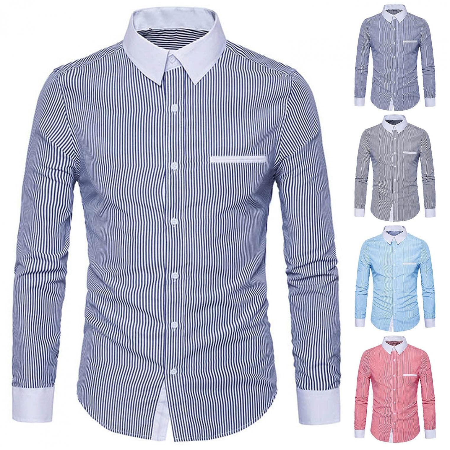 Men's Vertical Striped Button-Down Dress Shirt - Casual Long Sleeve Classic Regular Fit Contrast Color Hipster Shirt in Navy Blue | Office Wear, Date Night & Business Casual Outfits