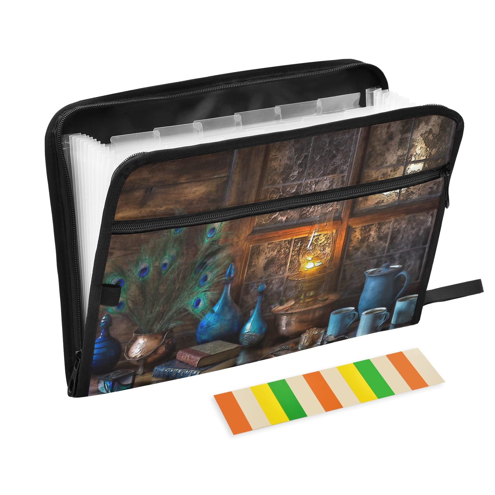 Blue Coffee Cups Snack Accordion File Organizer - 13 Pocket Portable A4 Letter Size Expandable Desktop Folder | Plastic Paper Storage with Colored Labels | Perfect for Office, School & Home Organization