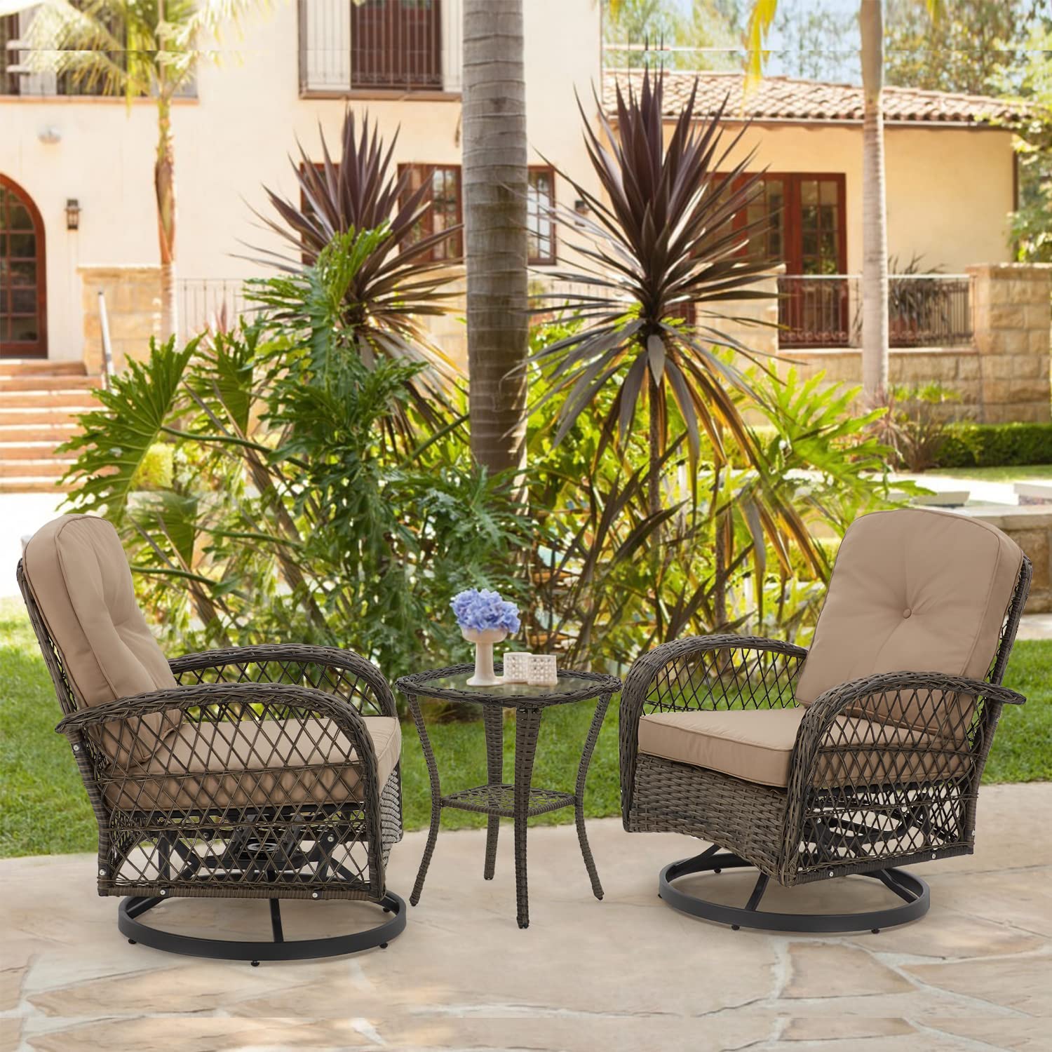 360° Swivel Rocking Patio Chairs Set of 3 with Thickened Cushions & Glass Coffee Table - Outdoor Conversation Furniture for Backyard, Garden, Poolside (Khaki) - Perfect for Relaxing, Entertaining & Enjoying Summer Days