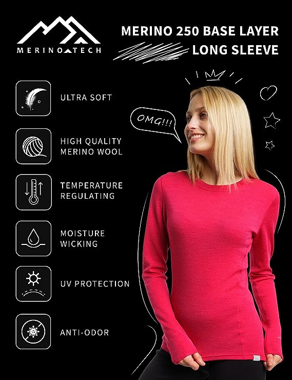 Women's Merino Wool Long Sleeve Thermal Shirt - 250 GSM Winter Base Layer for Skiing, Hiking & Outdoor Activities - Navy Blue Snowflake Pattern