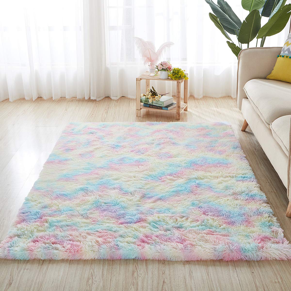 4x6 Rainbow Shaggy Area Rug - Soft Fluffy Carpet for Living Room, Bedroom, Girls Room - Plush Comfy Mat for Home Decor, Kids Play Area & Cozy Flooring