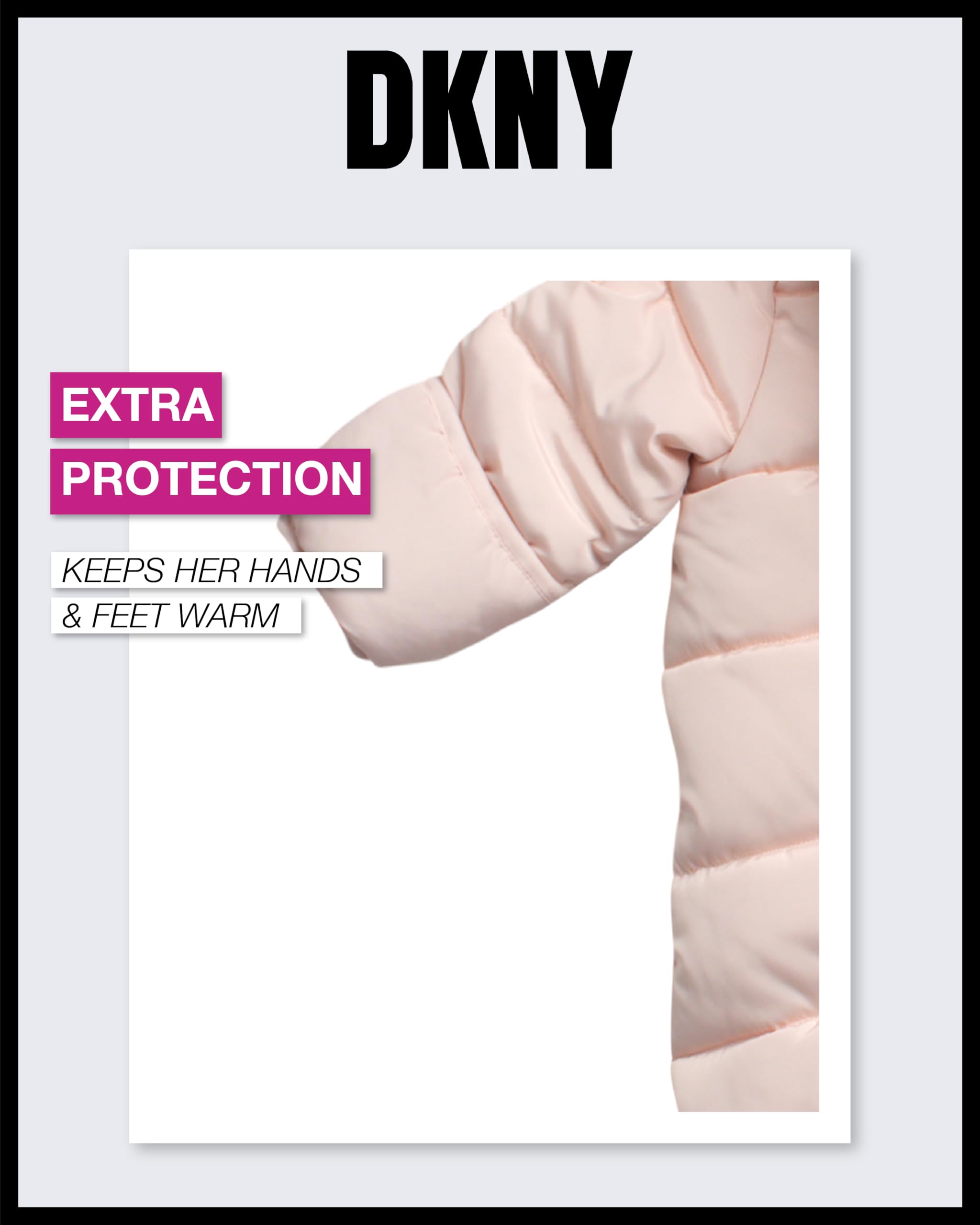 DKNY Baby Girls’ Hooded Fleece-Lined Winter Snowsuit – Warm Zip-Up Snow Pram Jacket for Newborns & Infants (0-24 Months) – Perfect for Winter Outings, Snow Play & Cold Weather Protection