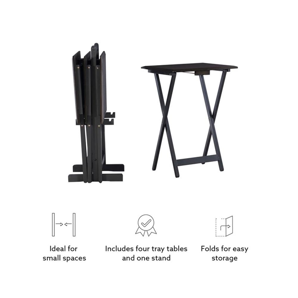 Linon Morris Folding Wood 5-Piece Tray Table Set with Stand - Brown Wooden Nesting Tables for Living Room, Bedroom & Outdoor Use