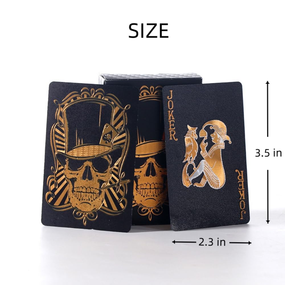 2 Pack Black Skull Poker Playing Cards - Waterproof Plastic with Gold Foil, Highly Flexible (2 Decks + Storage Bag) - Perfect for Poker Nights, Magic Tricks & Halloween Parties