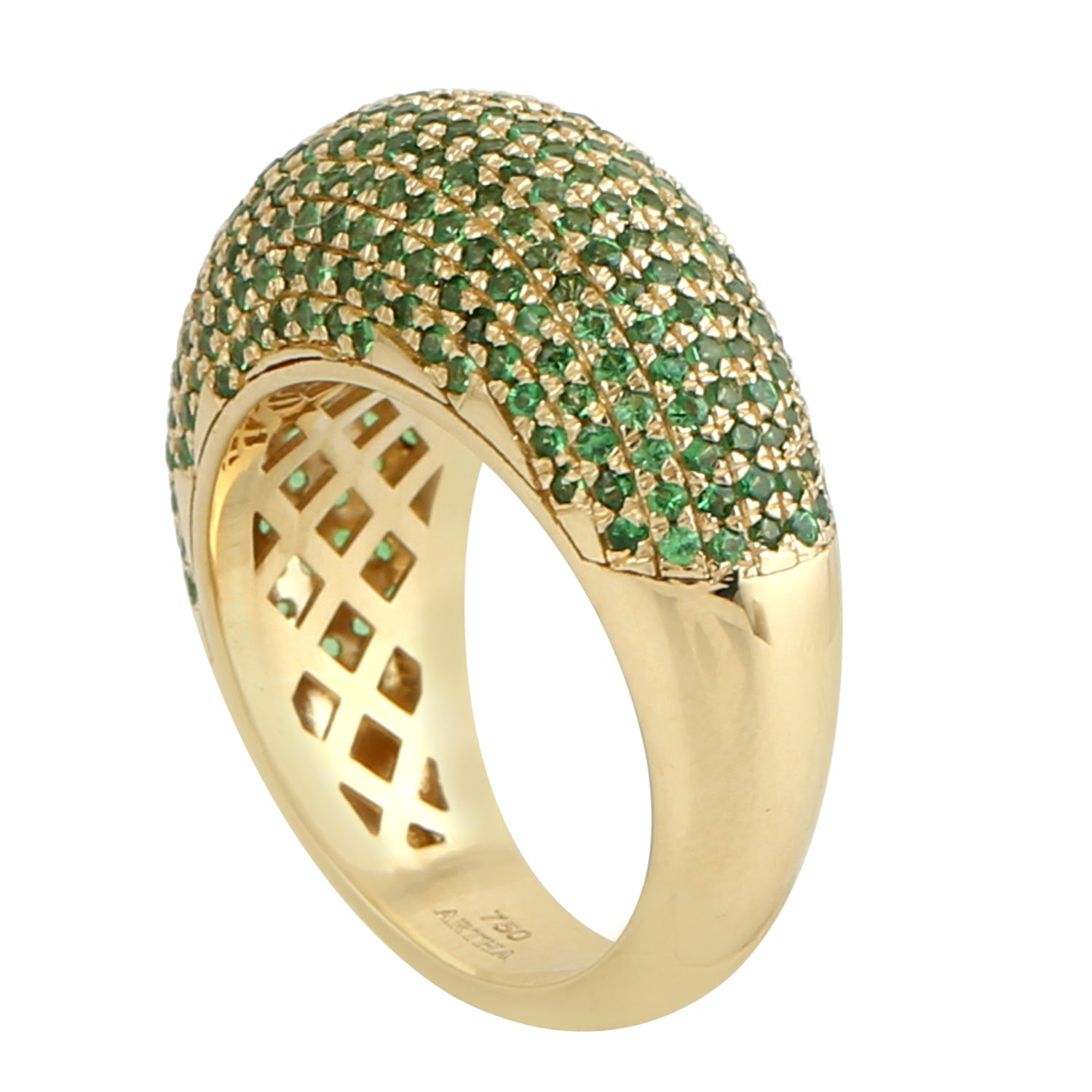 18K Yellow Gold Micro Pave Tsavorite Gemstone Dome Band Ring - Elegant Stackable Jewelry for Weddings, Anniversaries & Special Occasions