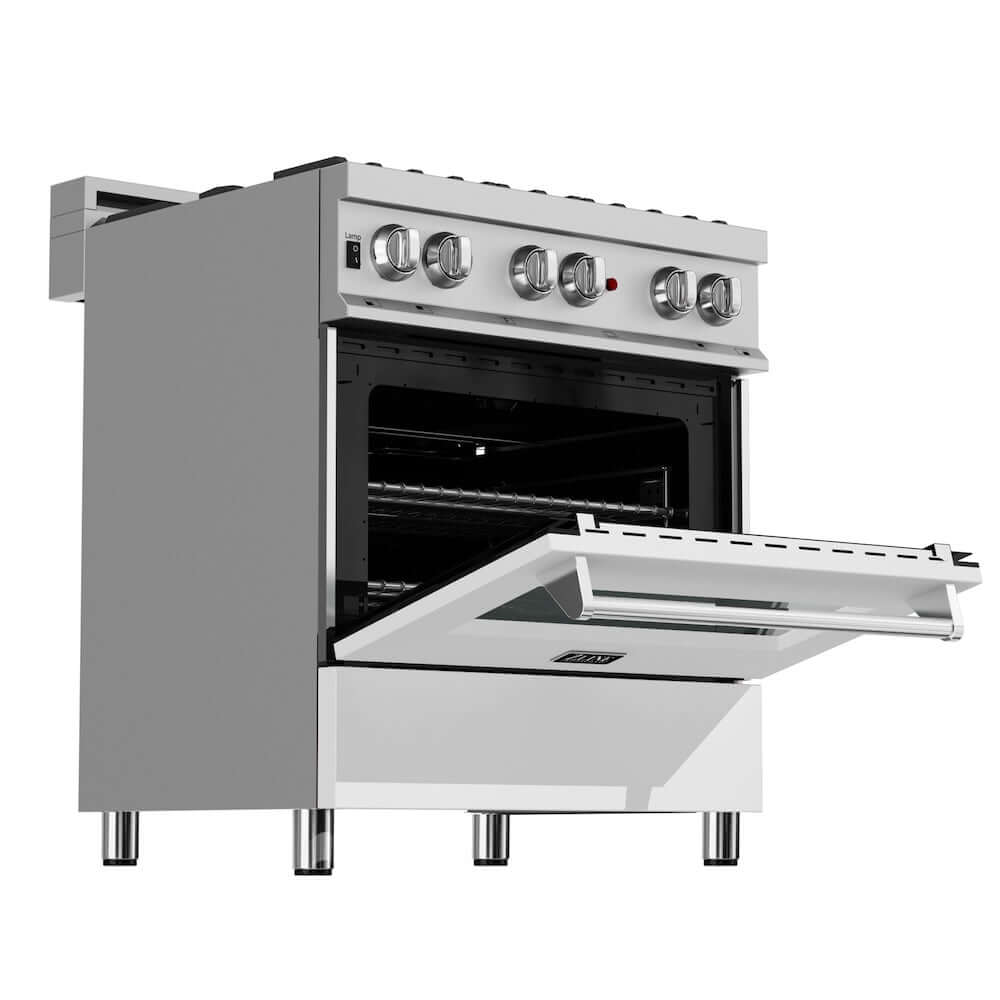 ZLINE 30-inch Stainless Steel Dual Fuel Range with White Matte Door & Convertible Vent Hood - Professional Kitchen Package for Home Chefs & Cooking Enthusiasts | Perfect for Modern Kitchens & Gourmet Cooking