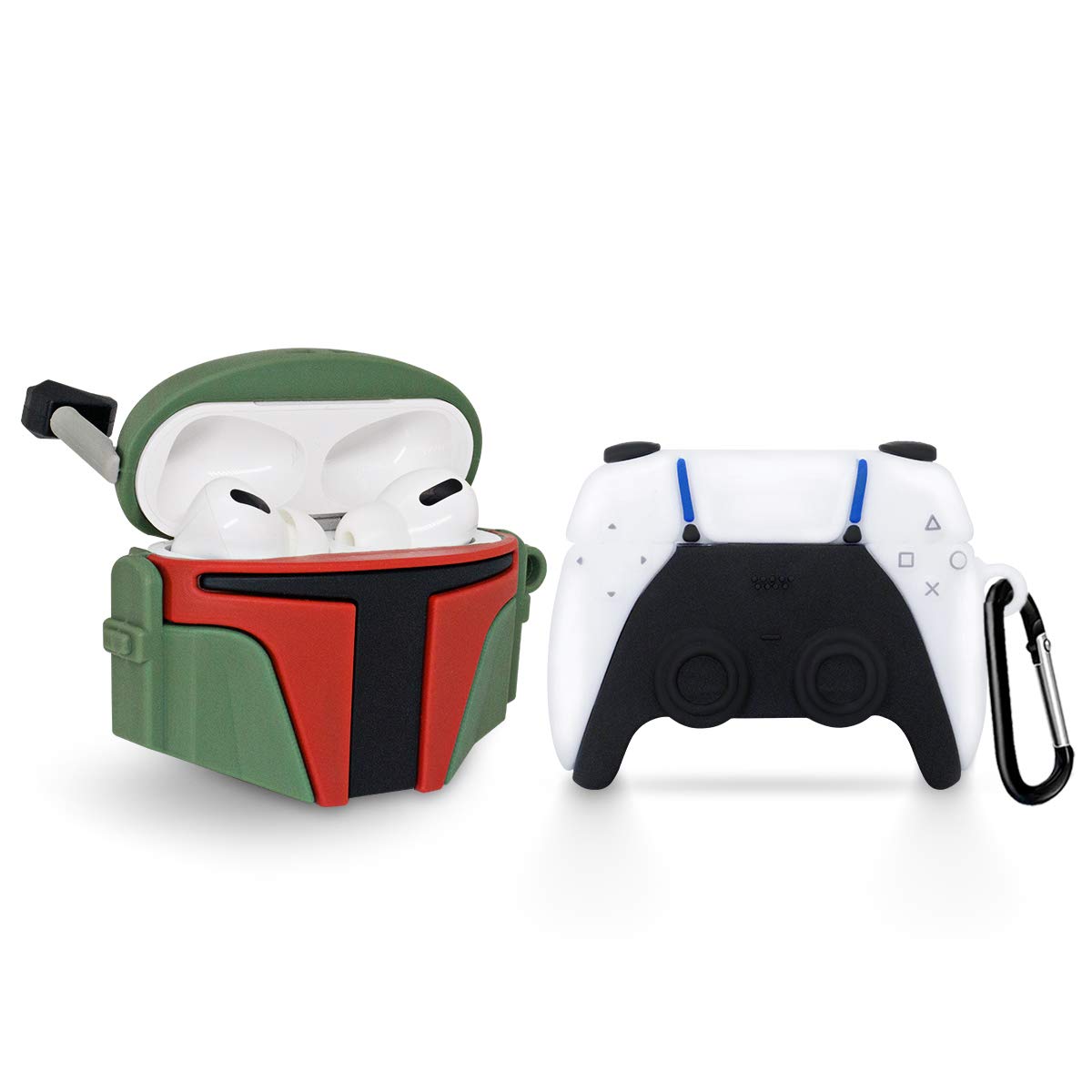 2 Pack AirPods Pro Case - Soft Silicone Cute Star Wars Boba Fett & Mandalorian Helmet Design with Keychain | Protective Cover for AirPods Pro | Perfect Gift for Kids, Teens, Boys & Girls | Great for School, Travel & Gaming Accessories (PS5 Game Controller Style)