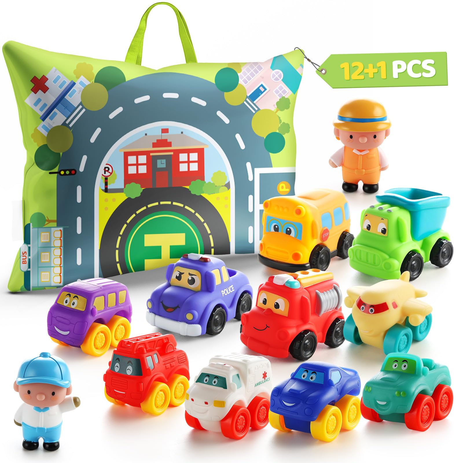 12-Piece Soft Rubber Toy Car Set for 1-3 Year Old Boys - Non-Toxic Cartoon Vehicle Figures with Playmat & Storage Bag | Perfect Baby Toys for 12-18 Months Toddlers | Ideal First Birthday & Valentine's Gift | Great for Playtime, Early Learning & Sensory Development
